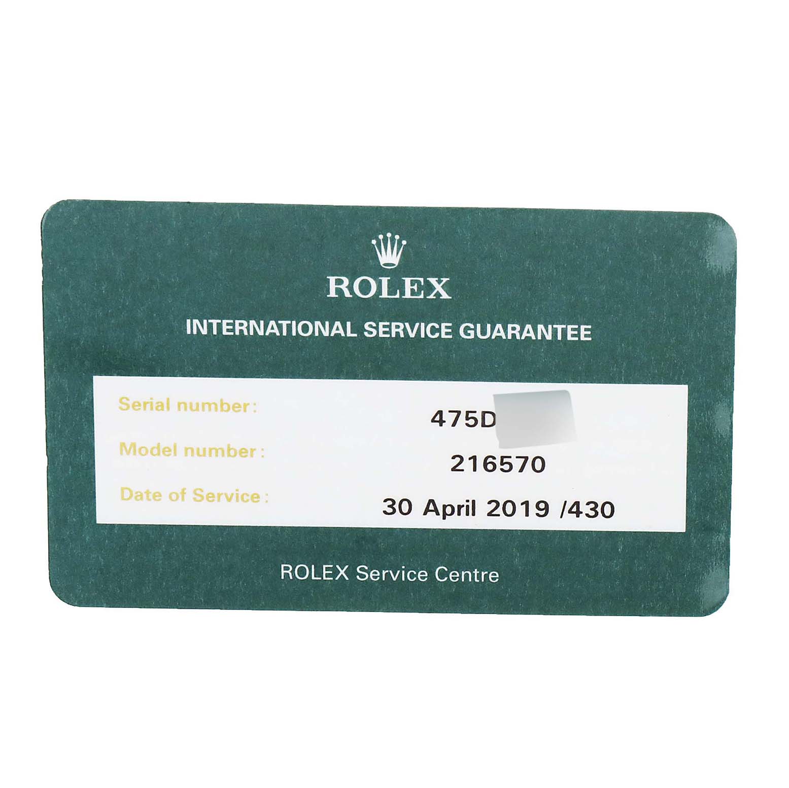 The image shows a Rolex International Service Guarantee card for the Rolex Explorer 216570 Men's Stainless Steel Black Dial 216570 Men's Stainless Steel Black Dial model 216570.
