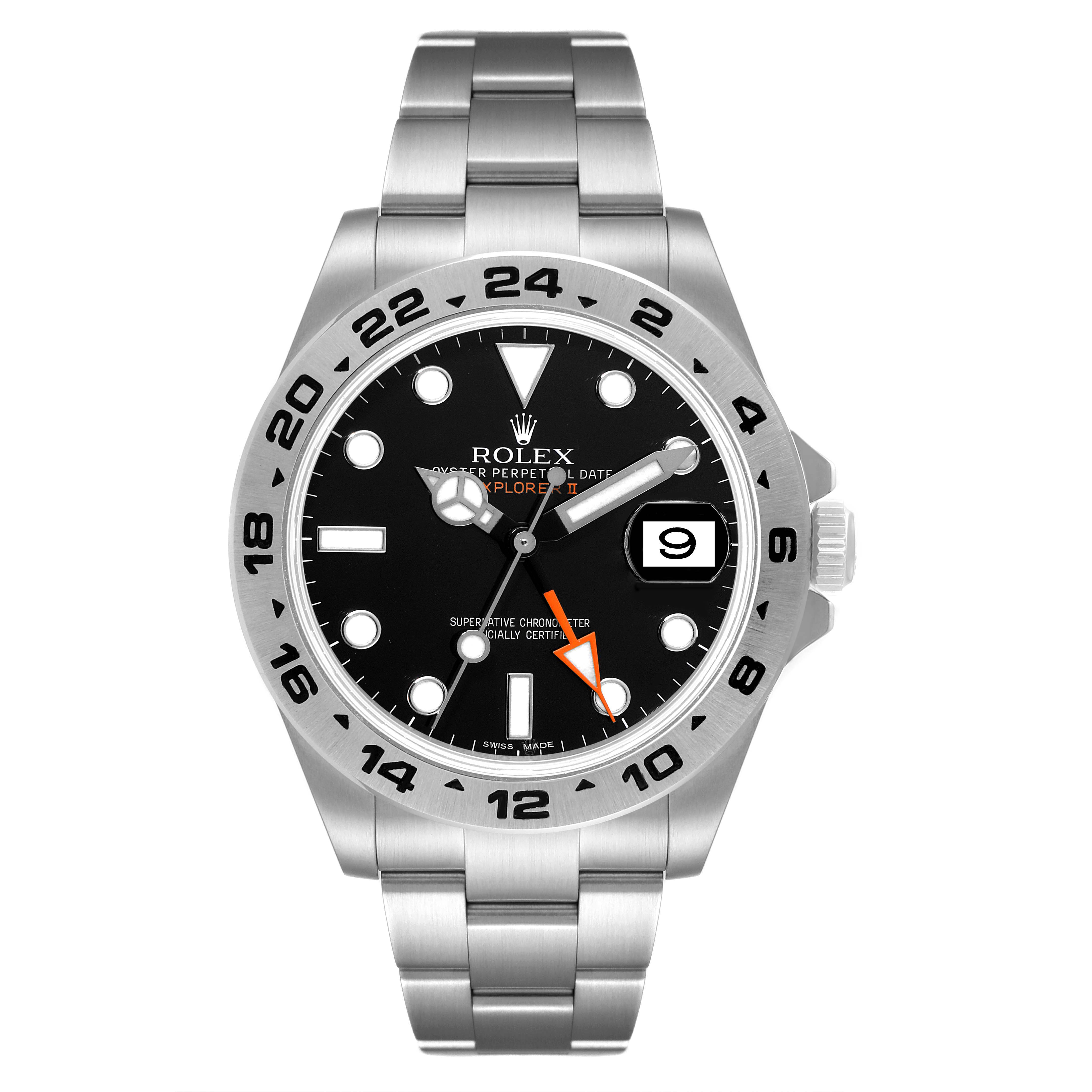 The image shows a front view of a Rolex Explorer 216570 Men's Stainless Steel Black Dial 216570 Men's Stainless Steel Black Dial watch featuring its bezel, dial, hands, and bracelet.