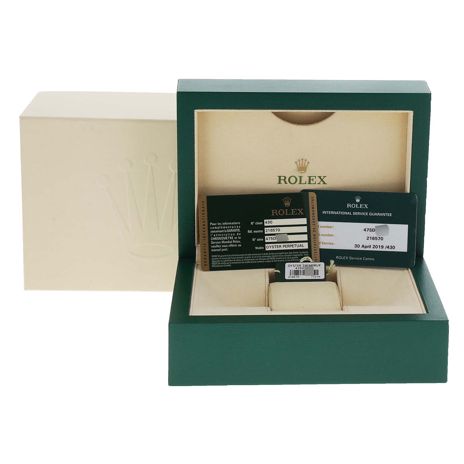 The image shows the packaging, international guarantee cards, and box of a Rolex Explorer 216570 Men's Stainless Steel Black Dial 216570 Men's Stainless Steel Black Dial watch.