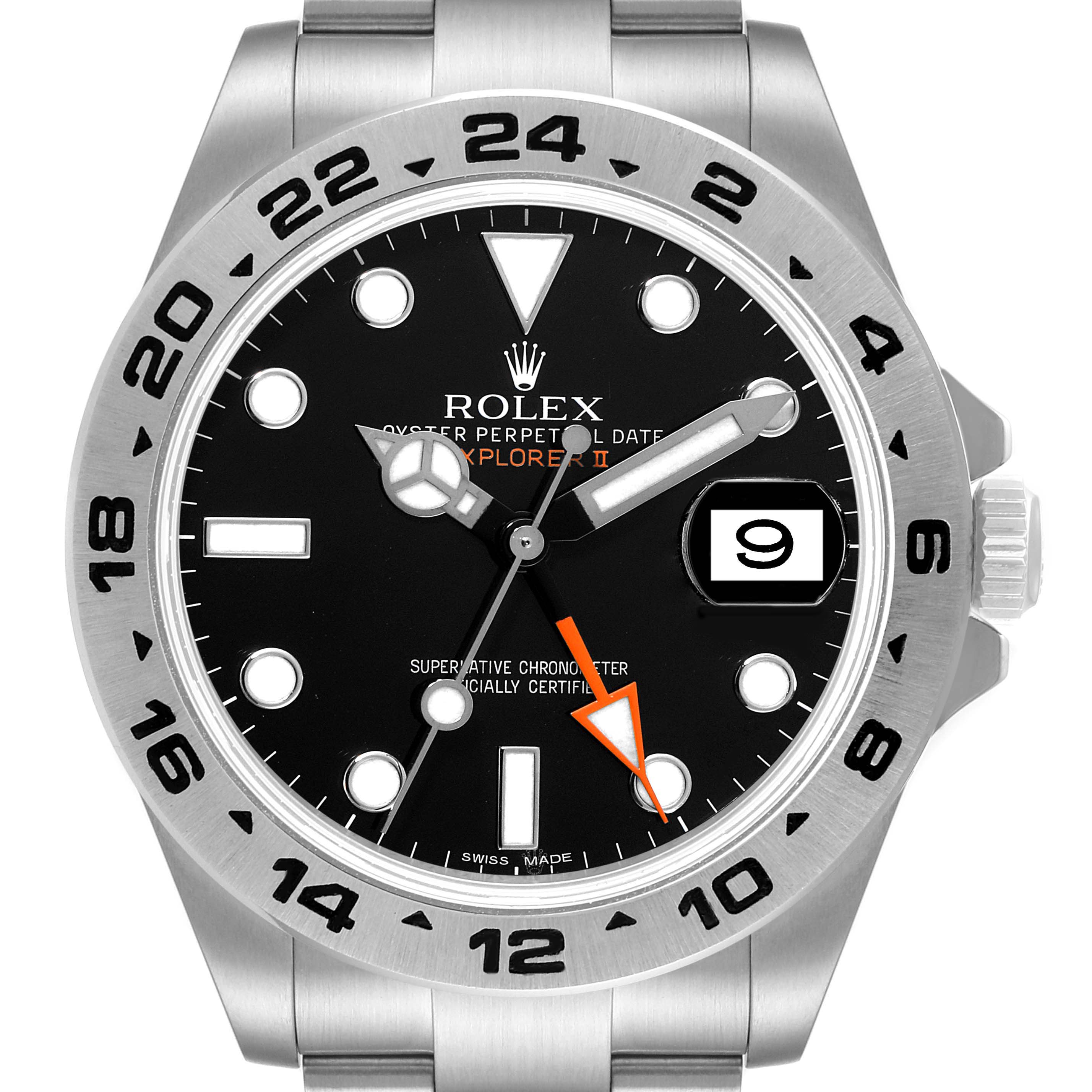 This image shows a front view of the Rolex Explorer 216570 Men's Stainless Steel Black Dial 216570 Men's Stainless Steel Black Dial watch, highlighting its dial, bezel, and bracelet.