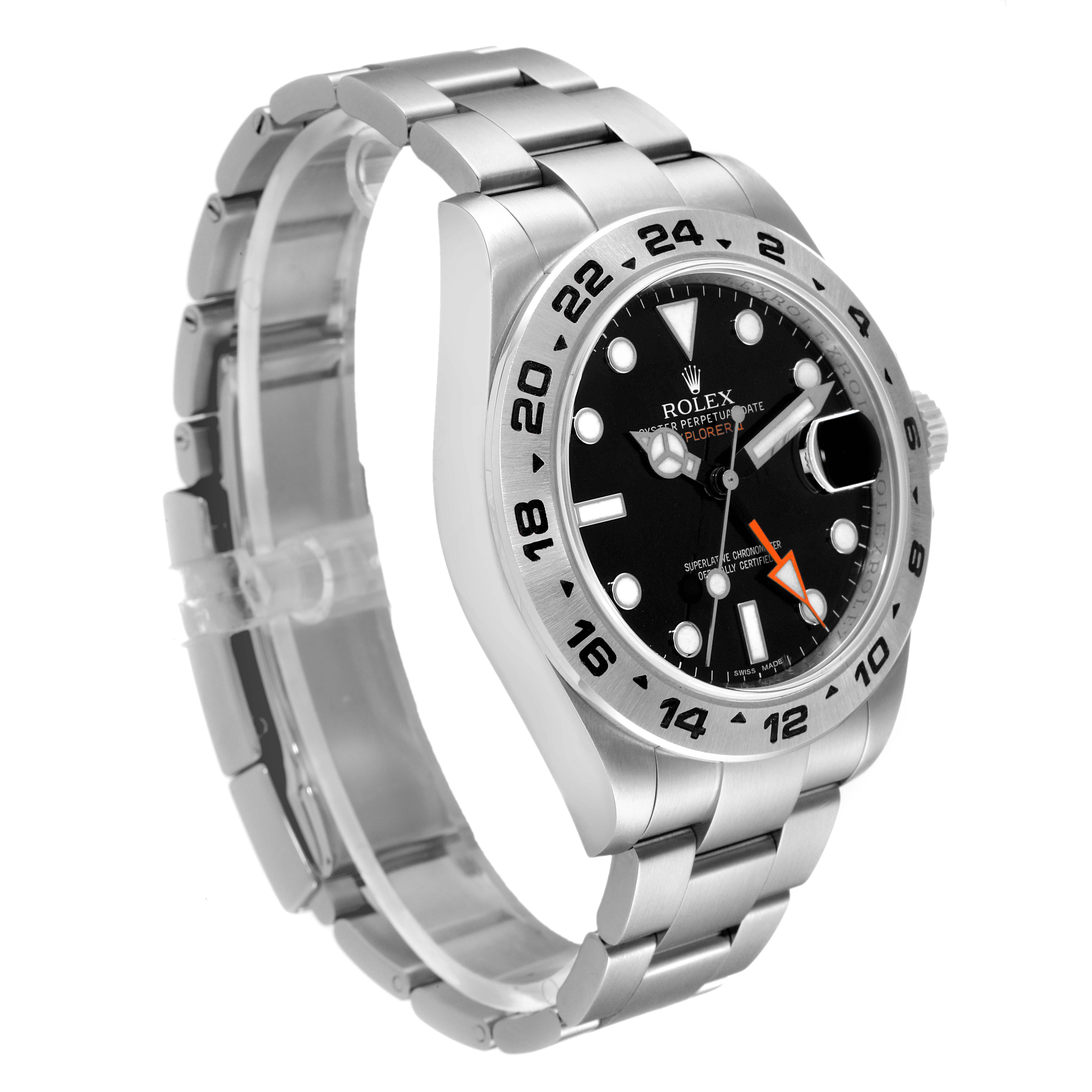 The image shows a side view of a Rolex Explorer 216570 Men's Stainless Steel Black Dial 216570 Men's Stainless Steel Black Dial watch, showcasing its dial, bezel, crown, and bracelet.