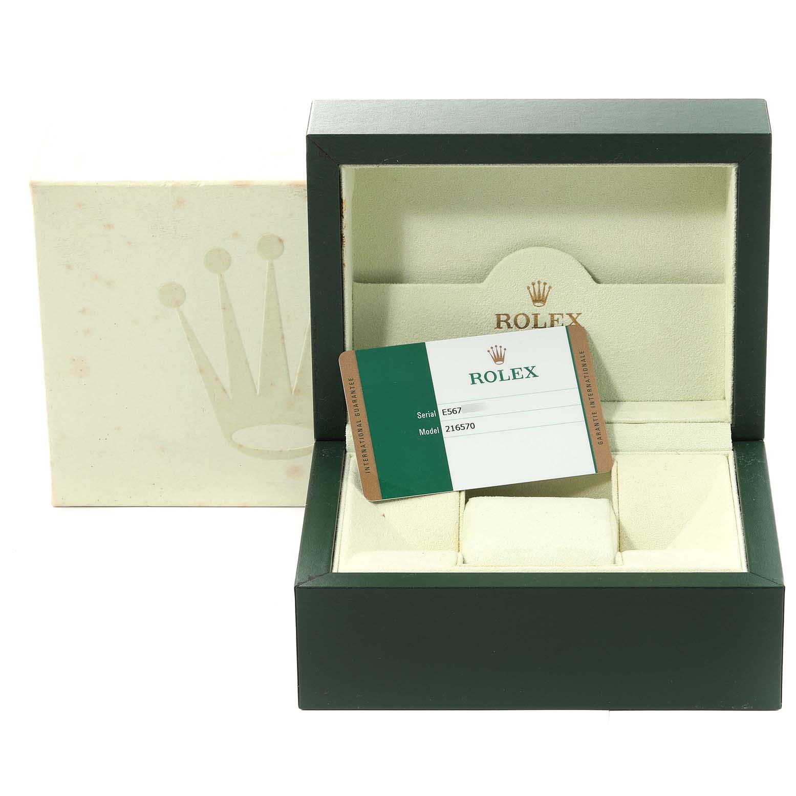 The image shows a Rolex Explorer 216570 Men
s Stainless Steel Black Dial 216570 Men
s Stainless Steel Black Dial watch box with a warranty card placed inside.