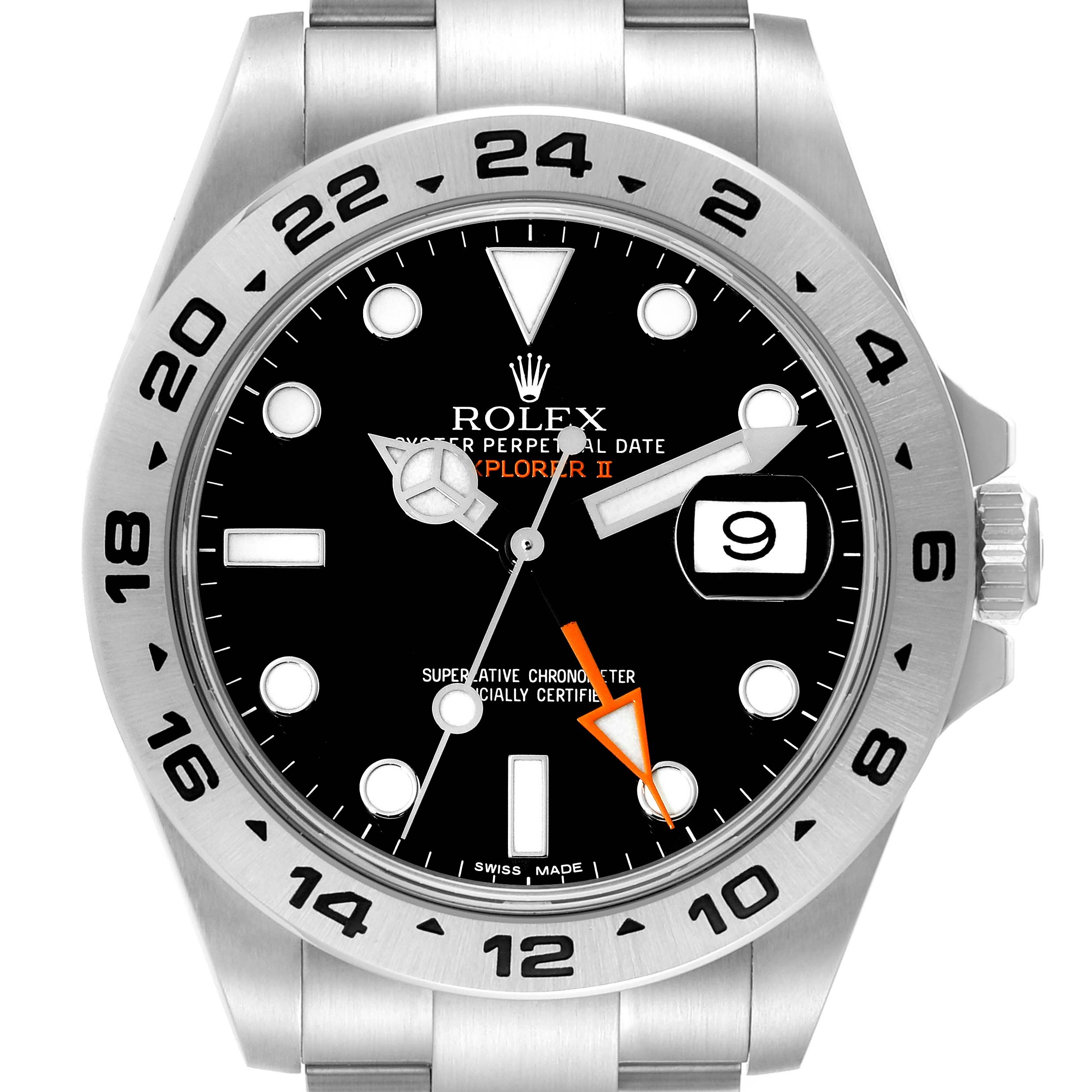 The Rolex Explorer 216570 Men
s Stainless Steel Black Dial 216570 Men
s Stainless Steel Black Dial watch is shown from a front angle, featuring its dial, hands, date window, and bezel.