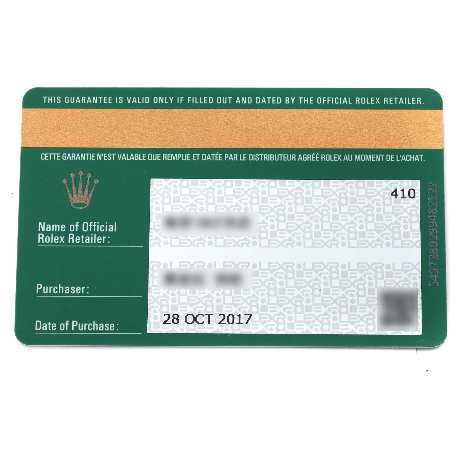 This image shows the official green warranty card for a Rolex Explorer 216570 Men
s Stainless Steel Black Dial 216570 Men
s Stainless Steel Black Dial watch, dated October 28, 2017.