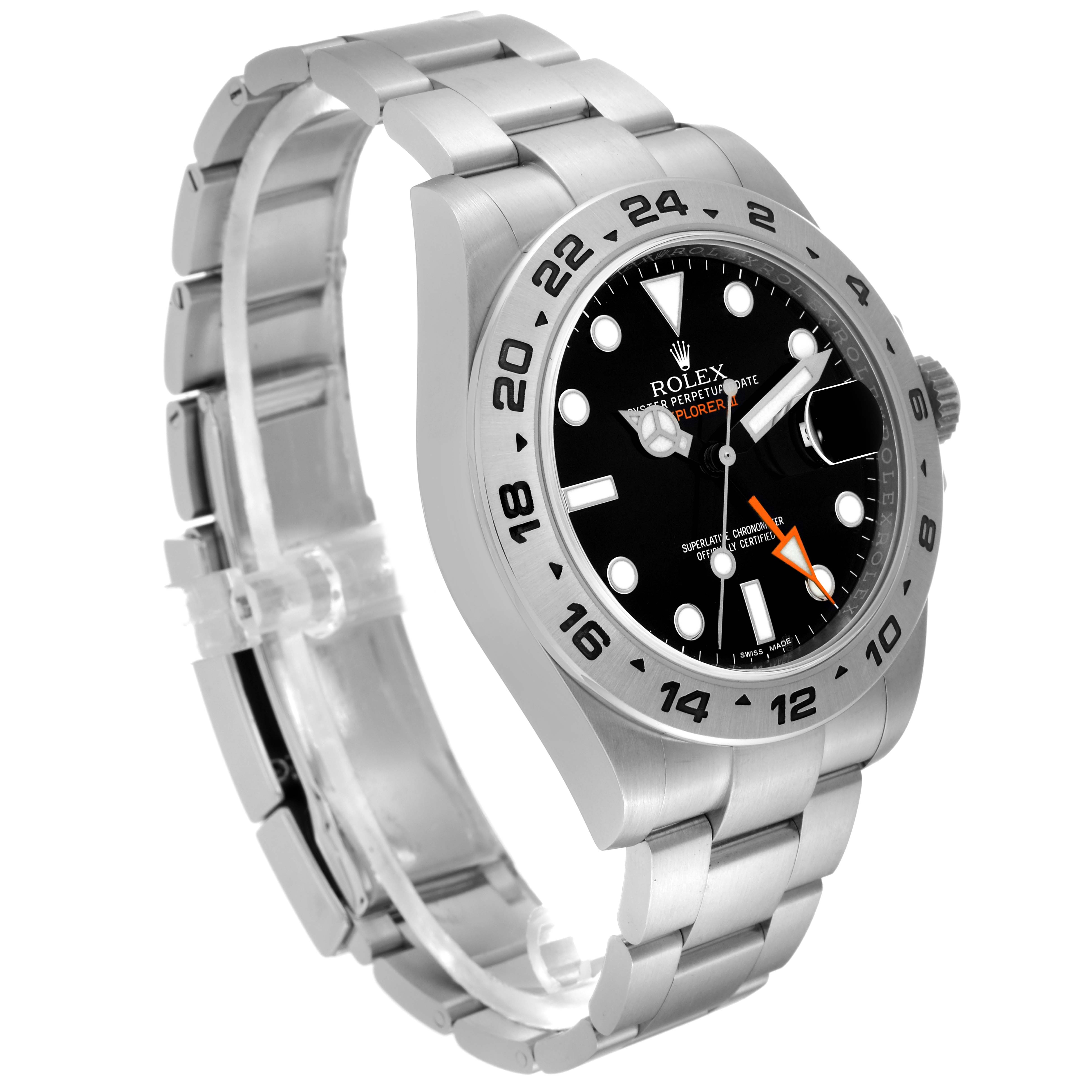 The image shows a side angle of a Rolex Explorer 216570 Men
s Stainless Steel Black Dial 216570 Men
s Stainless Steel Black Dial watch, displaying its dial, bezel, and bracelet.