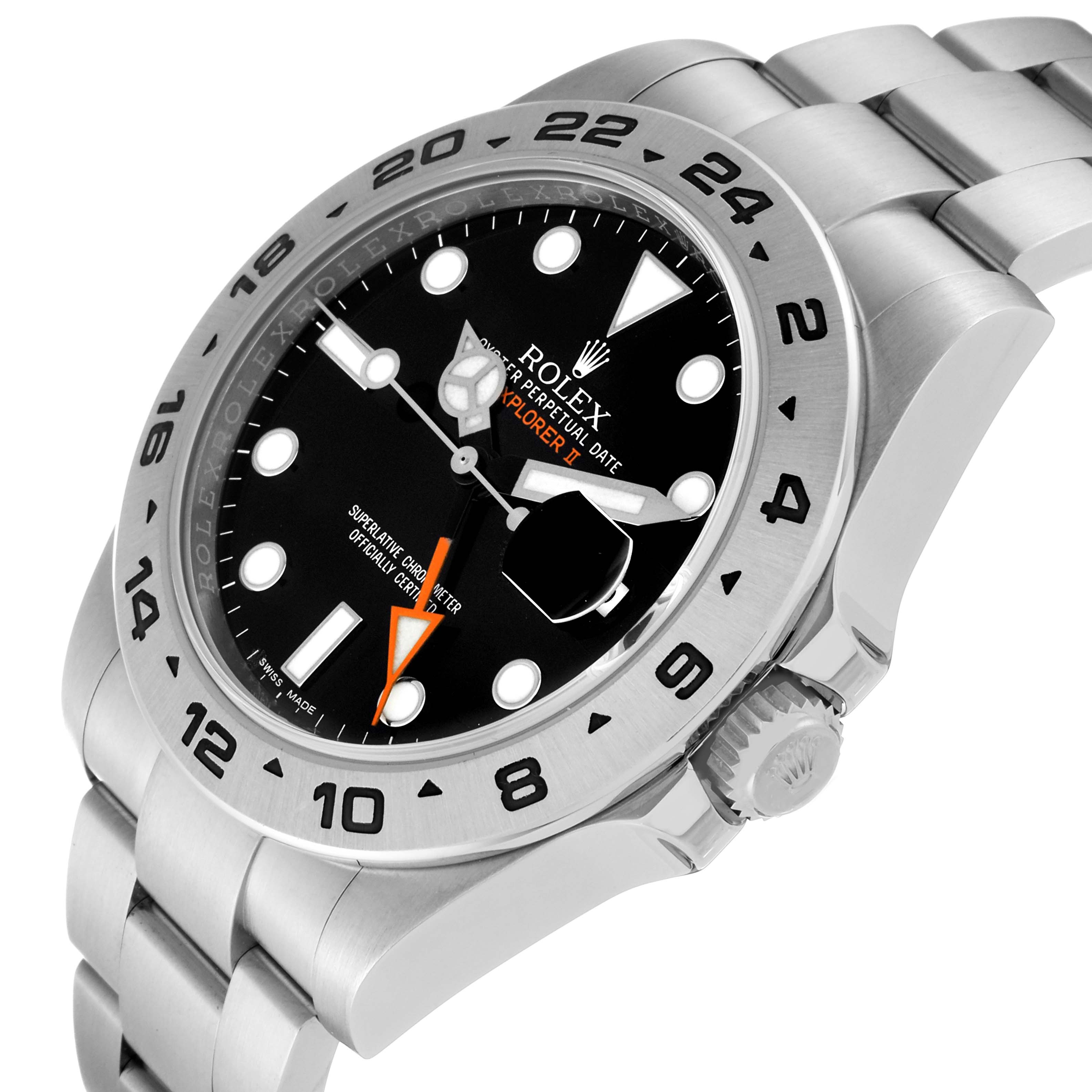 This image shows a close-up angle of the face, bezel, and part of the bracelet of the Rolex Explorer 216570 Men
s Stainless Steel Black Dial 216570 Men
s Stainless Steel Black Dial watch.
