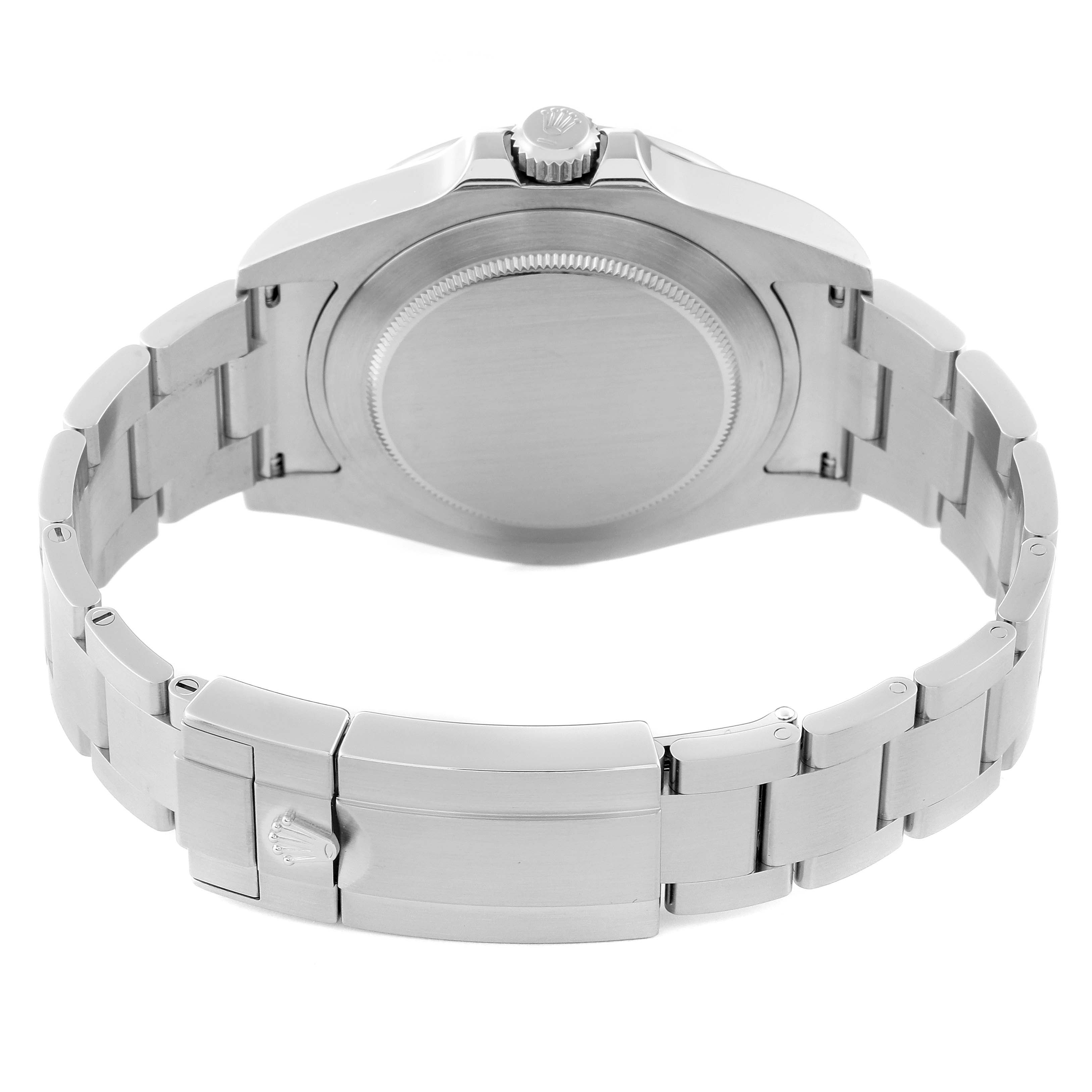 This image shows the back side of a Rolex Explorer 216570 Men
s Stainless Steel Black Dial 216570 Men
s Stainless Steel Black Dial watch, highlighting the case back, crown, and part of the stainless steel bracelet and clasp.