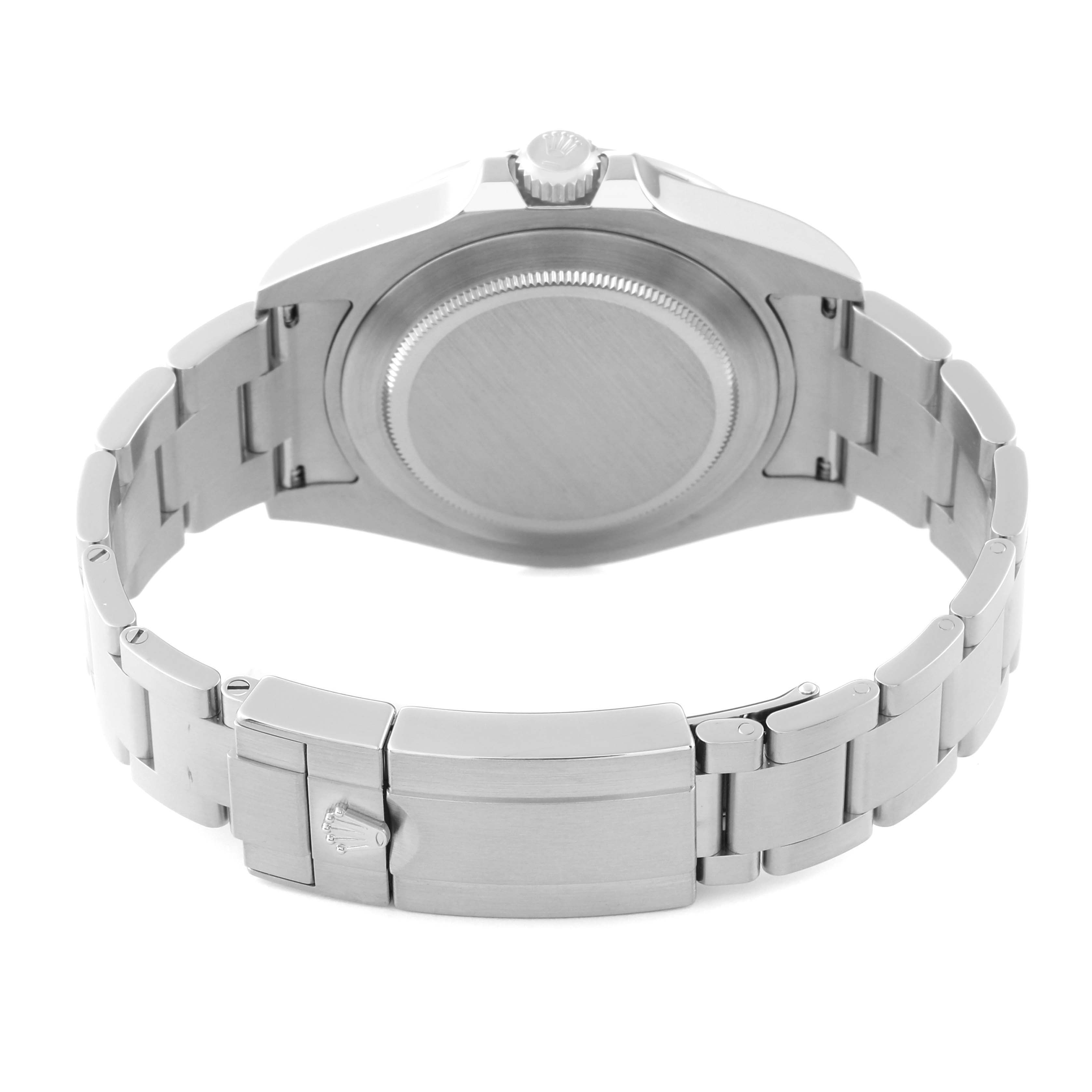 The image shows the back view of the Rolex Explorer 216570 Men
s Stainless Steel Black Dial 216570 Men
s Stainless Steel Black Dial watch, displaying the case back, bracelet, and clasp.