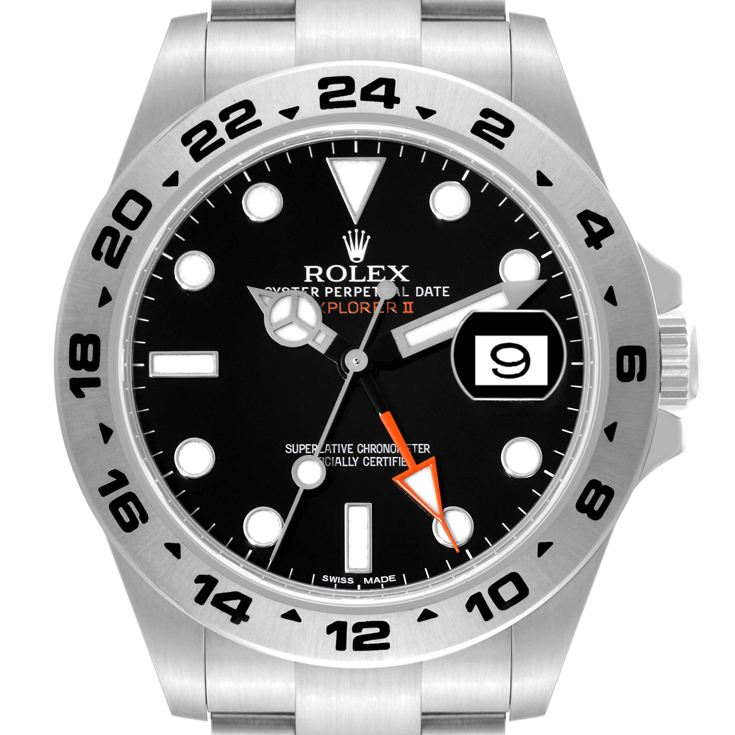 This image shows a front view of a Rolex Explorer 216570 Men
s Stainless Steel Black Dial 216570 Men
s Stainless Steel Black Dial watch with a black dial, date window, and 24-hour bezel.
