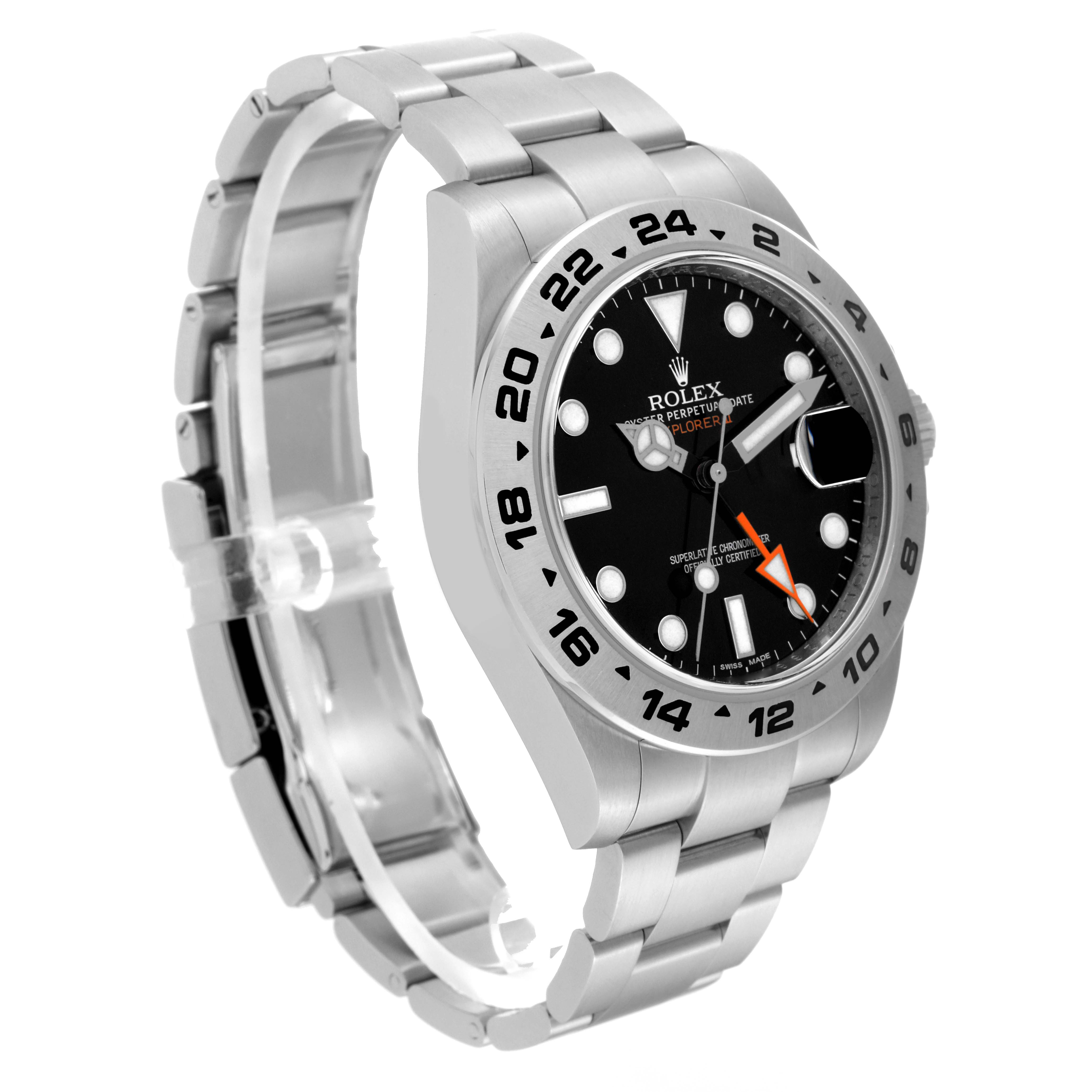 This Rolex Explorer 216570 Men
s Stainless Steel Black Dial 216570 Men
s Stainless Steel Black Dial watch is shown at a three-quarter angle, highlighting the face, bezel, and stainless steel bracelet.