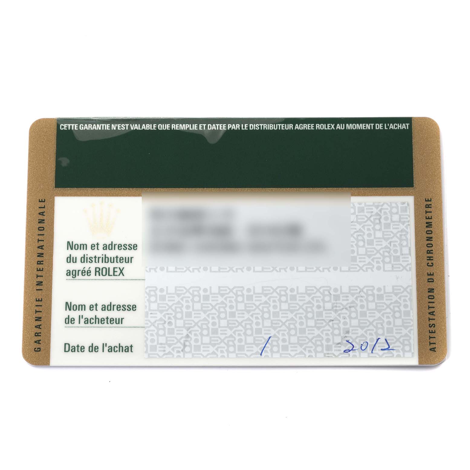 A warranty card for a Rolex Explorer 216570 Men
s Stainless Steel Black Dial 216570 Men
s Stainless Steel Black Dial watch, showing the distributor and purchaser information along with the purchase date.