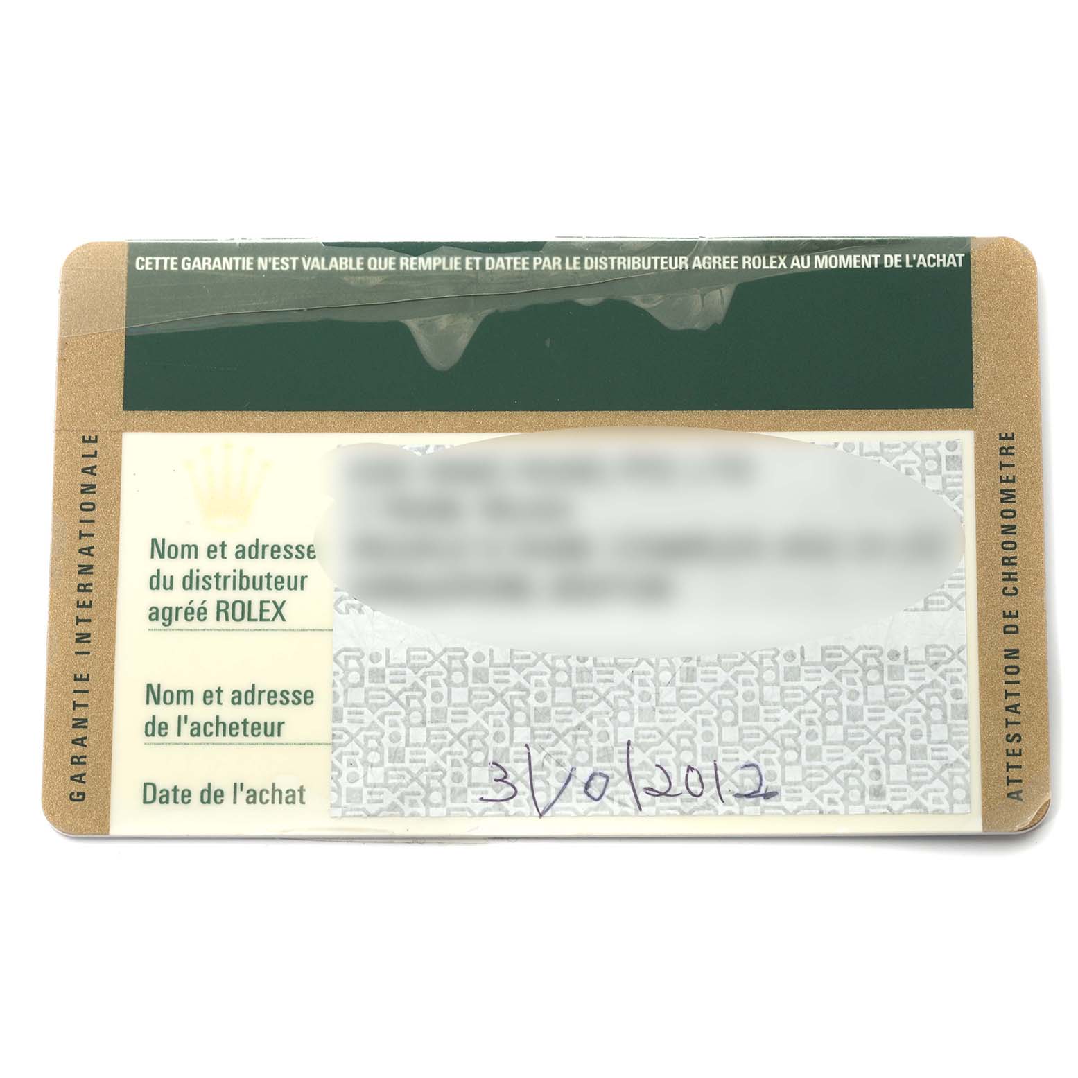 This image shows the warranty card for a Rolex Explorer 216570 Men
s Stainless Steel Black Dial 216570 Men
s Stainless Steel Black Dial watch.