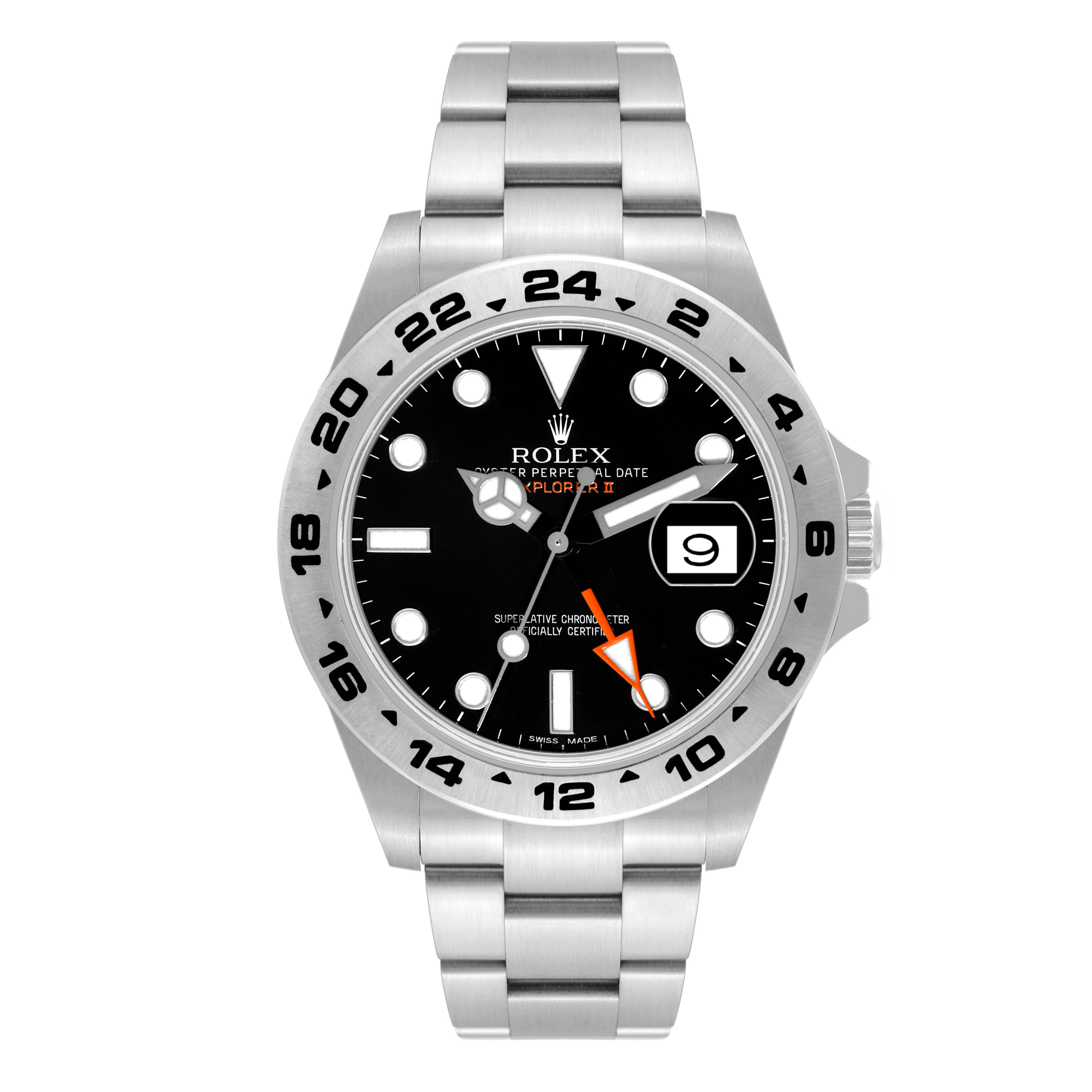 This image shows a front view of a Rolex Explorer 216570 Men
s Stainless Steel Black Dial 216570 Men
s Stainless Steel Black Dial watch, displaying the dial, bezel, crown, and bracelet.