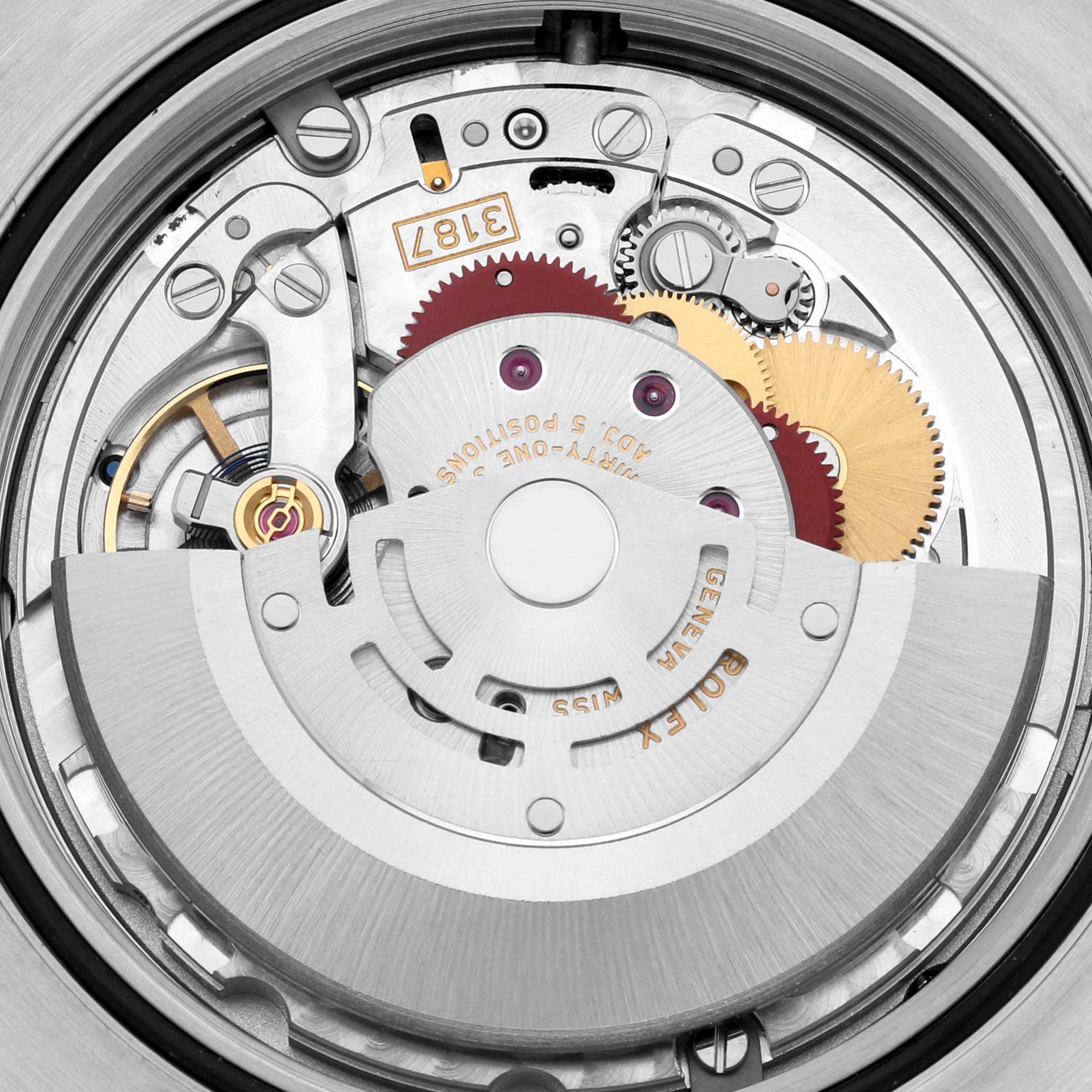 The image shows the internal movement mechanism of a Rolex Explorer 216570 Men
s Stainless Steel Black Dial 216570 Men
s Stainless Steel Black Dial model watch, viewed from the back.