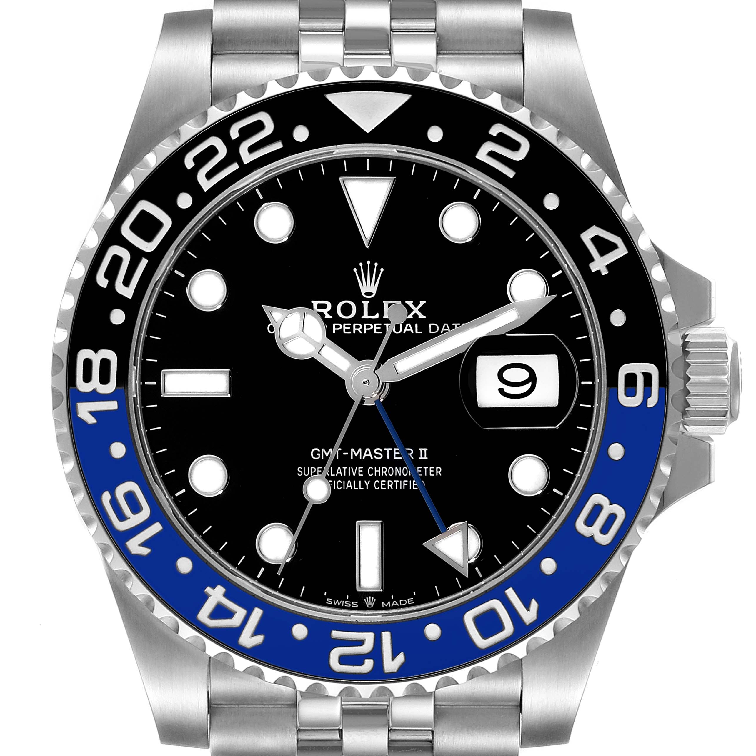 The image shows a front view of the Rolex GMT-Master 126710 Men
s Stainless Steel Black Dial 126710 Men
s Stainless Steel Black Dial II watch face, including its bezel, dial, hands, date window, and bracelet.
