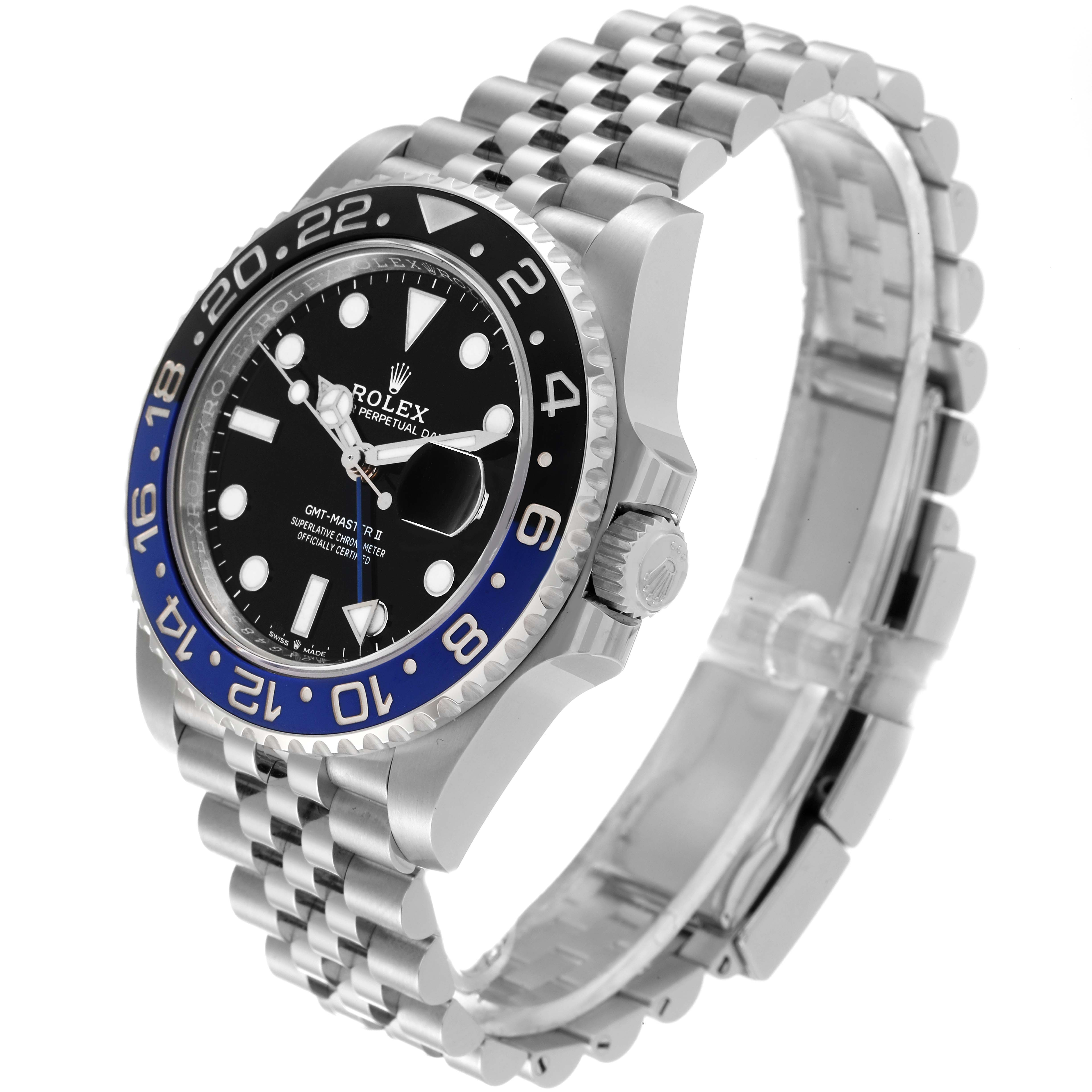 The image shows a Rolex GMT-Master 126710 Men
s Stainless Steel Black Dial 126710 Men
s Stainless Steel Black Dial II watch at a three-quarter angle, highlighting its bezel, dial, crown, and bracelet.