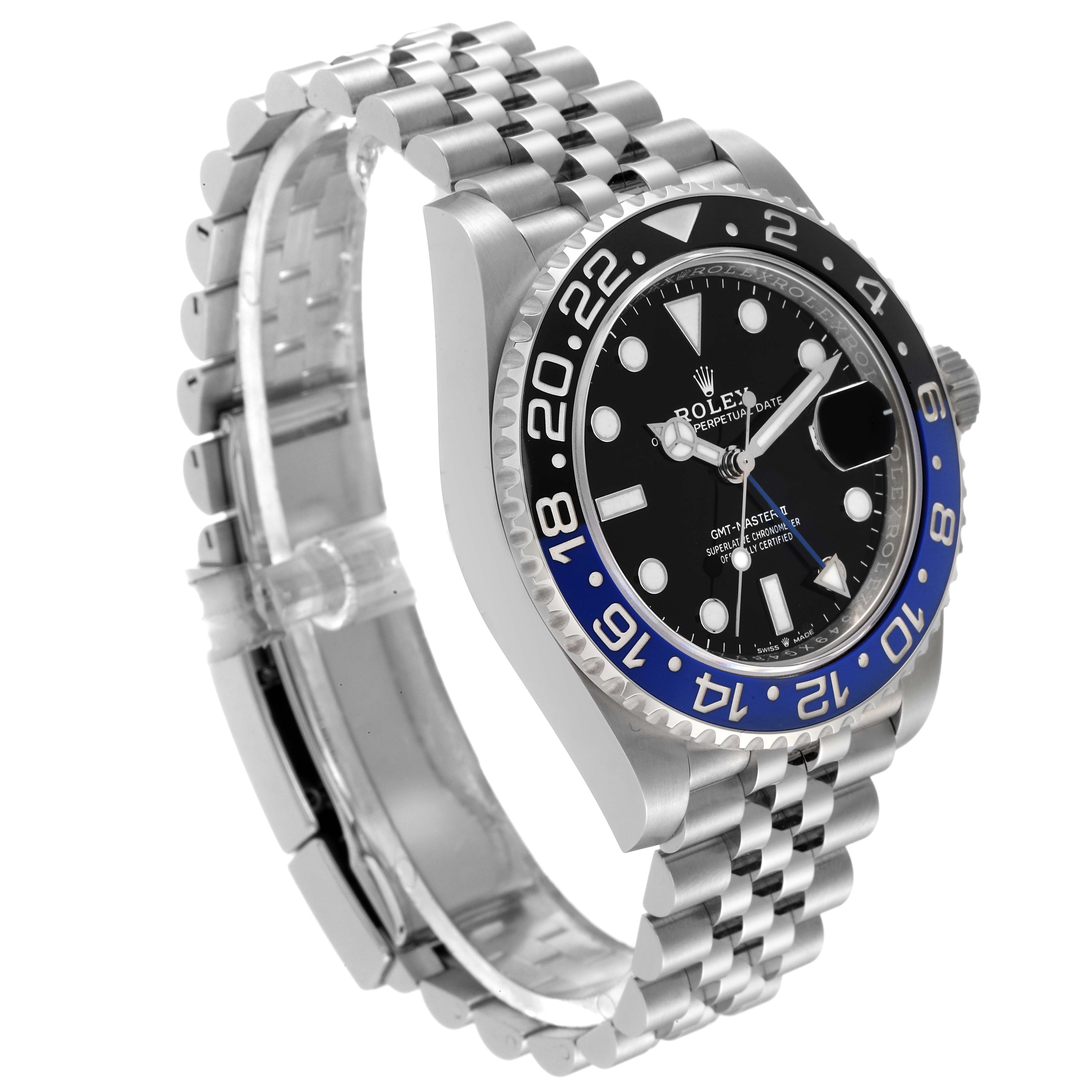 This image shows a Rolex GMT-Master 126710 Men
s Stainless Steel Black Dial 126710 Men
s Stainless Steel Black Dial watch angled to display the face, bezel, and bracelet.