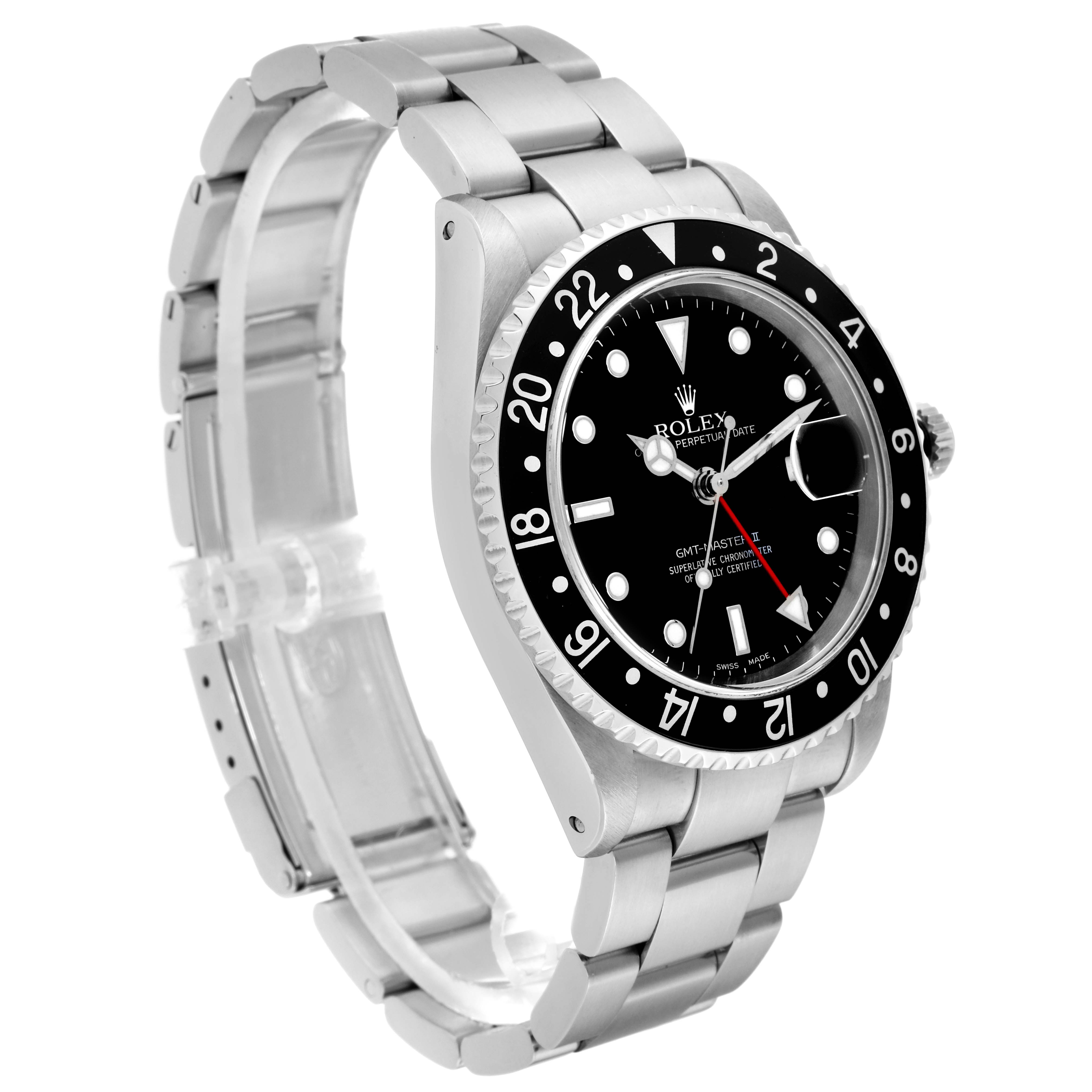 Shown at a three-quarter angle, the Rolex GMT-Master 16710 Men's Stainless Steel Black Dial 16710 Men's Stainless Steel Black Dial displays its dial, bezel, crown, and partially the bracelet.