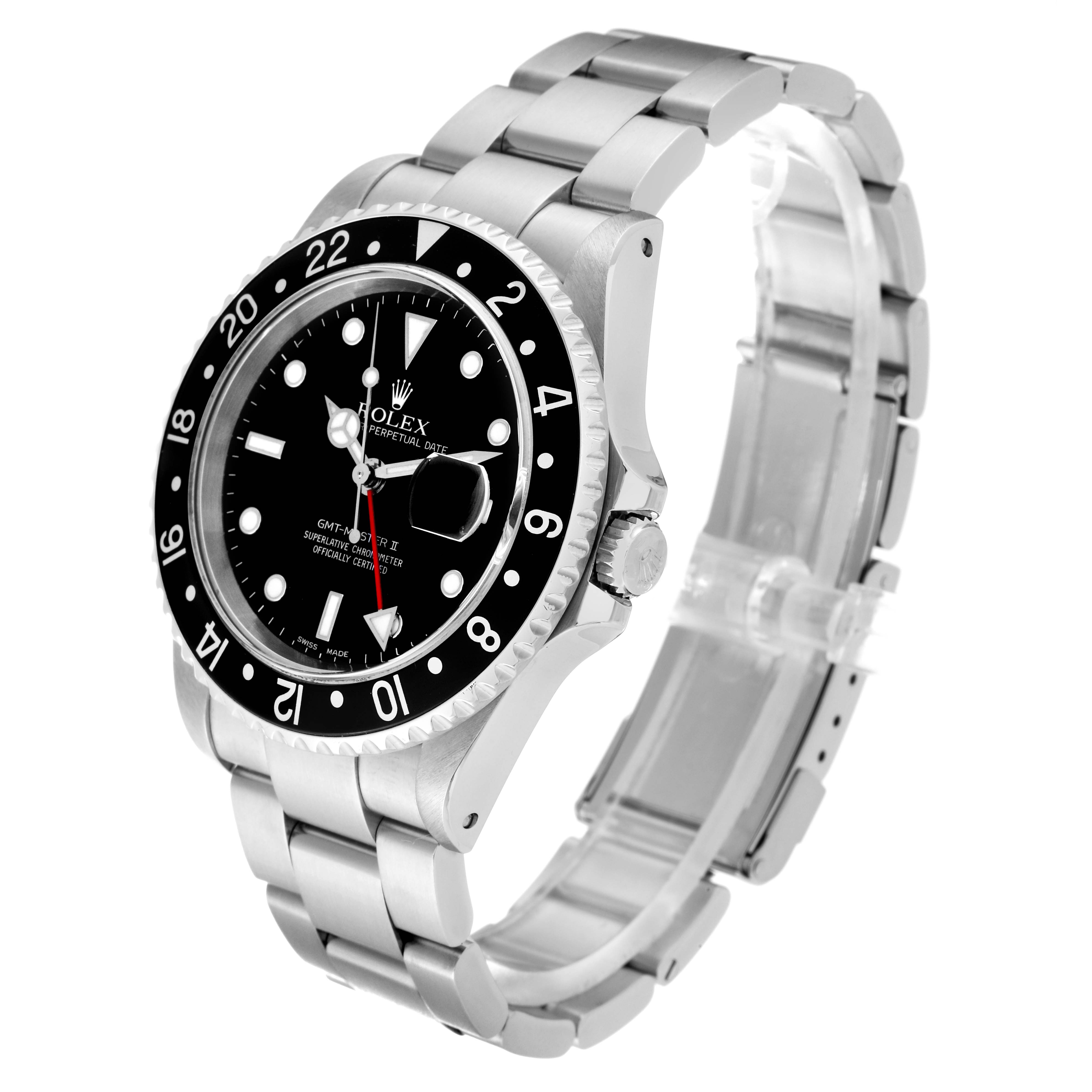 The Rolex GMT-Master 16710 Men's Stainless Steel Black Dial 16710 Men's Stainless Steel Black Dial is shown at a slight side angle, displaying its bezel, dial, crown, and part of the bracelet.