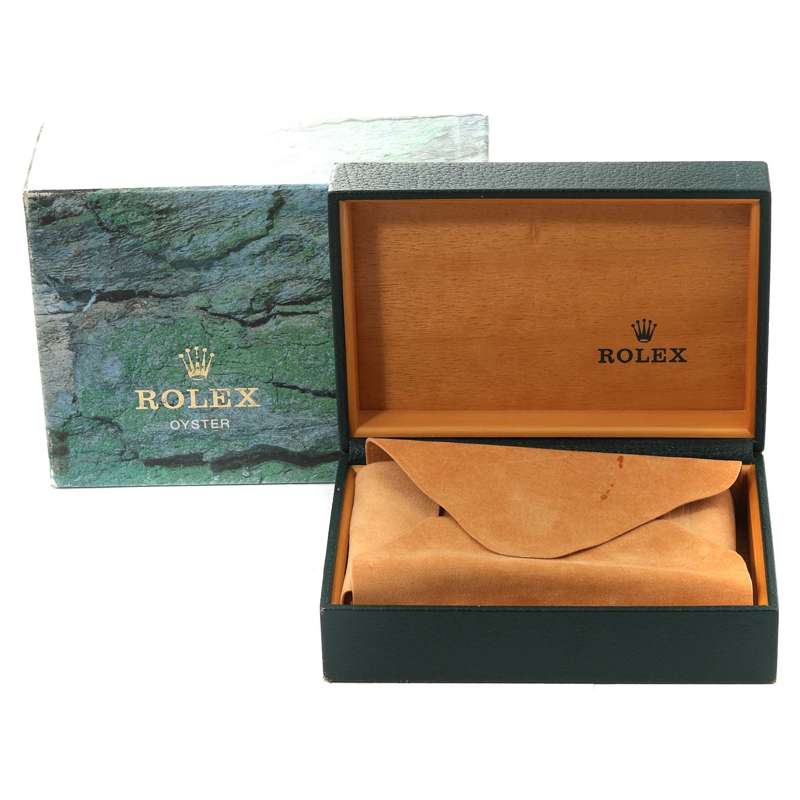 This image shows an open Rolex GMT-Master 16710 Men's Stainless Steel Black Dial 16710 Men's Stainless Steel Black Dial watch box and its external packaging.