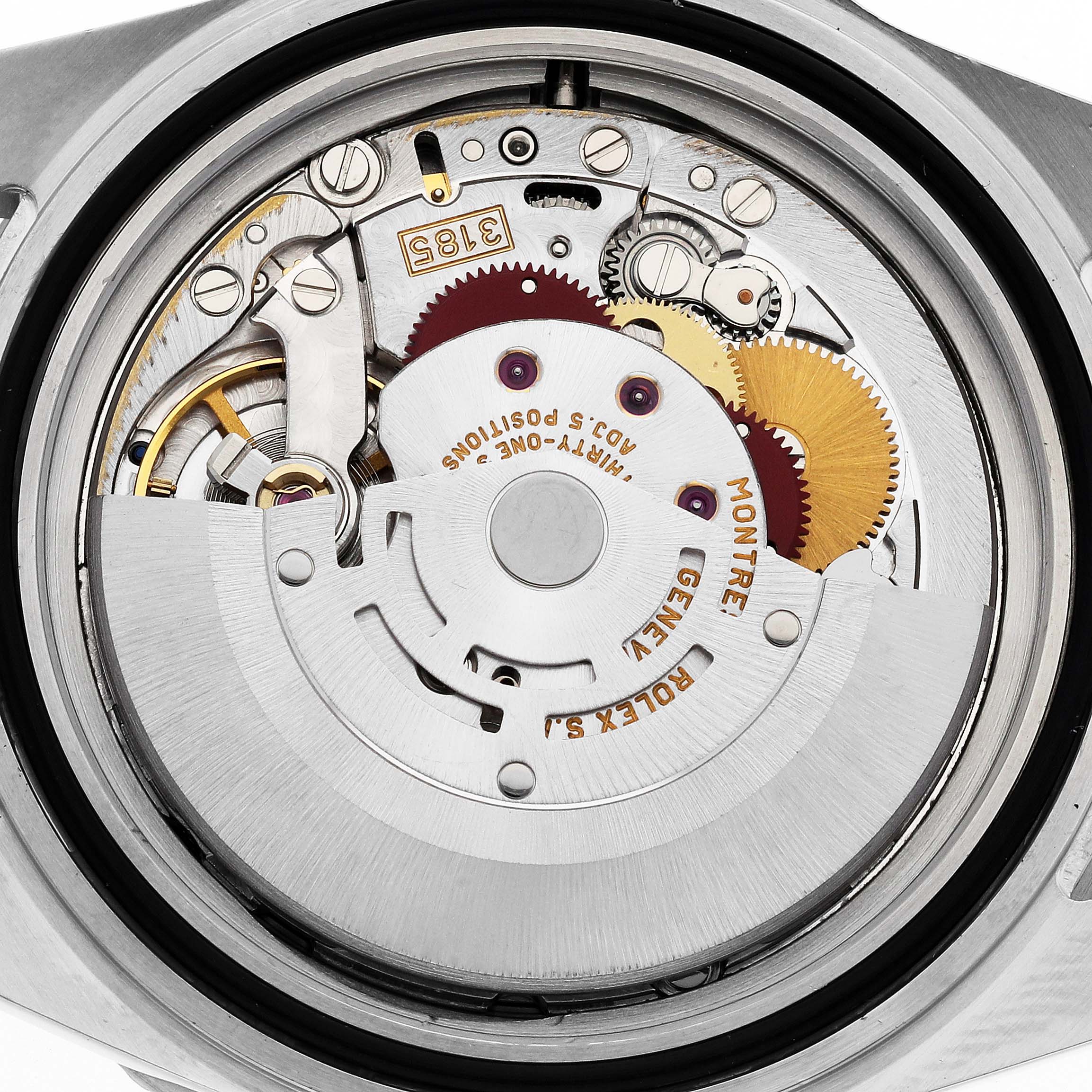 This is an image of the internal mechanism of a Rolex GMT-Master 16710 Men's Stainless Steel Black Dial 16710 Men's Stainless Steel Black Dial watch, showing its intricate movement parts from the back.