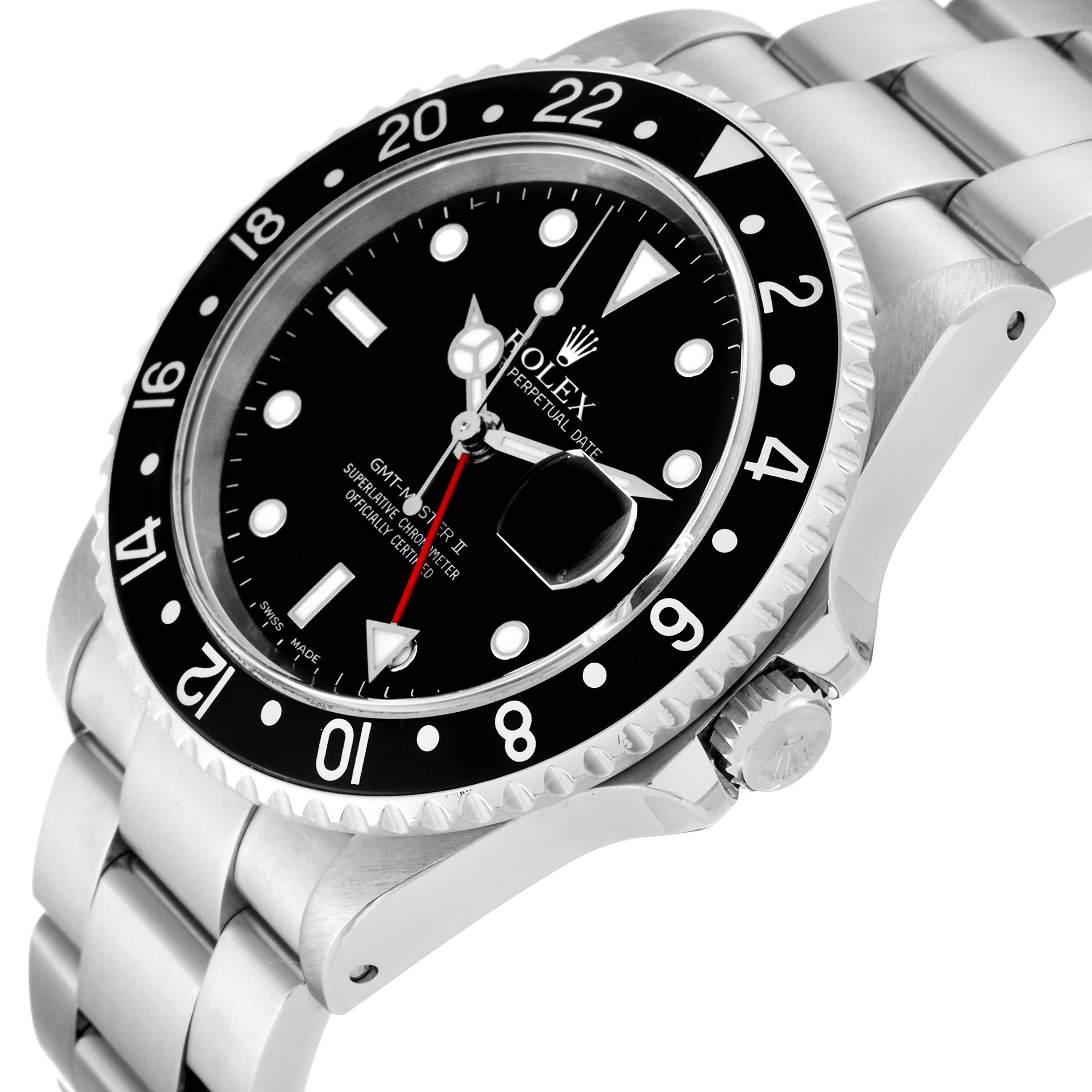 This is a Rolex GMT-Master 16710 Men's Stainless Steel Black Dial 16710 Men's Stainless Steel Black Dial II watch, shown at a slight angle highlighting its face, bezel, crown, and part of the bracelet.
