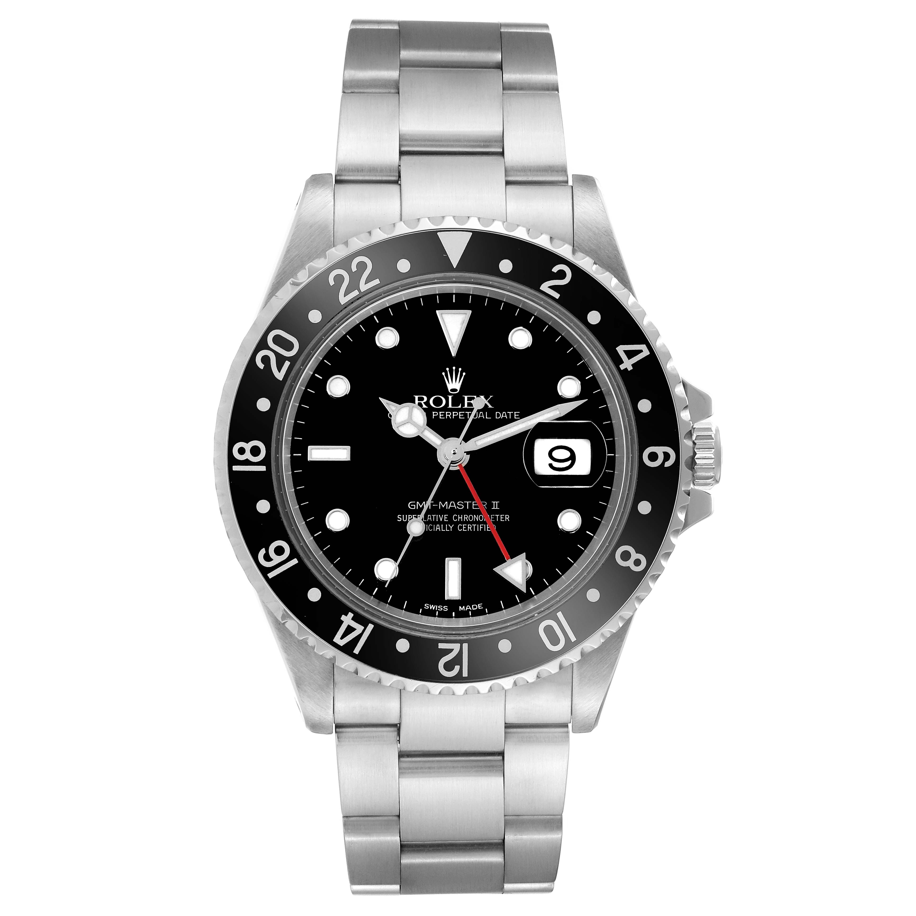 The image shows a front view of a Rolex GMT-Master 16710 Men's Stainless Steel Black Dial 16710 Men's Stainless Steel Black Dial watch, displaying its bezel, dial, hands, date window, and bracelet.