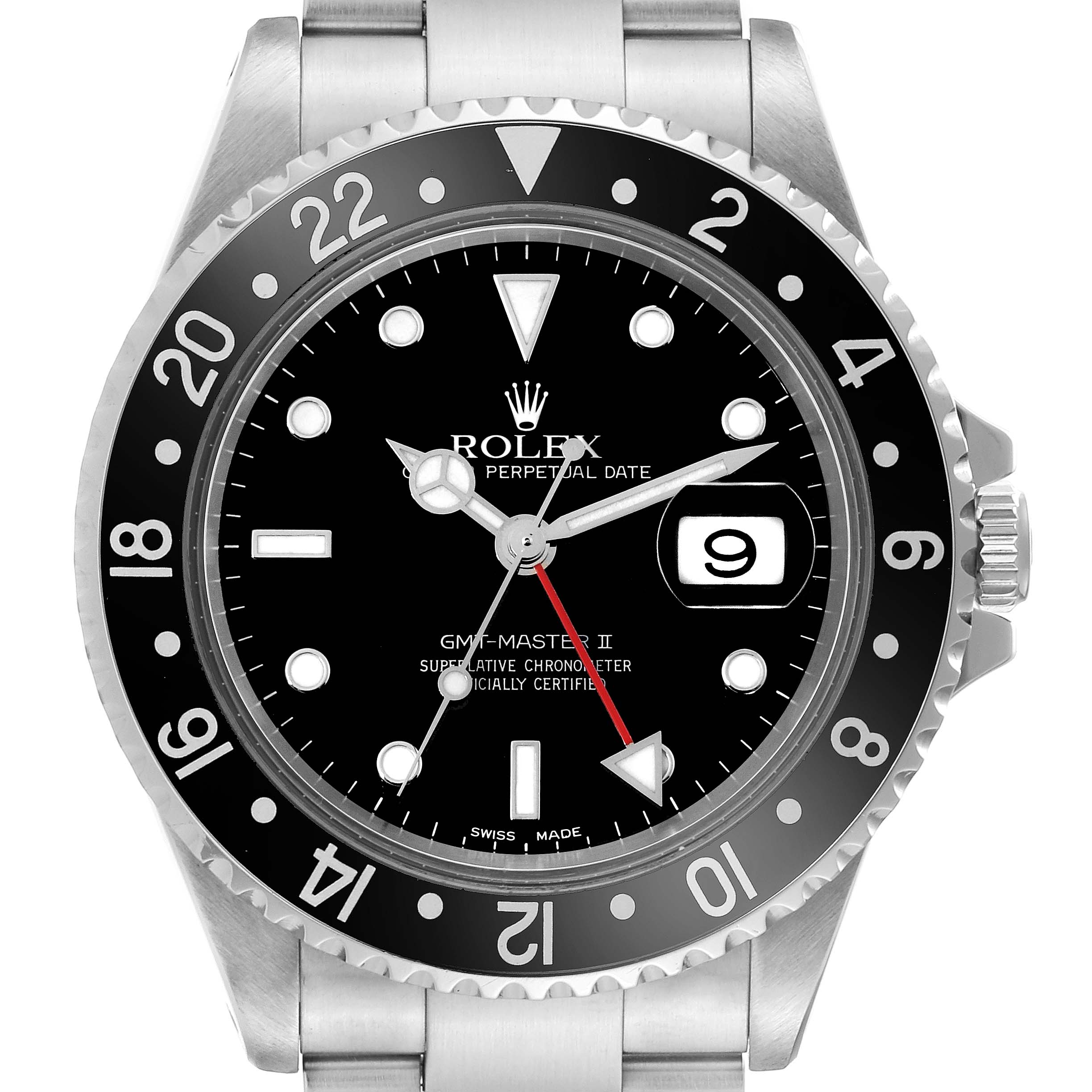 The image shows a front view of a Rolex GMT-Master 16710 Men's Stainless Steel Black Dial 16710 Men's Stainless Steel Black Dial II watch, highlighting the dial, bezel, hands, and bracelet.