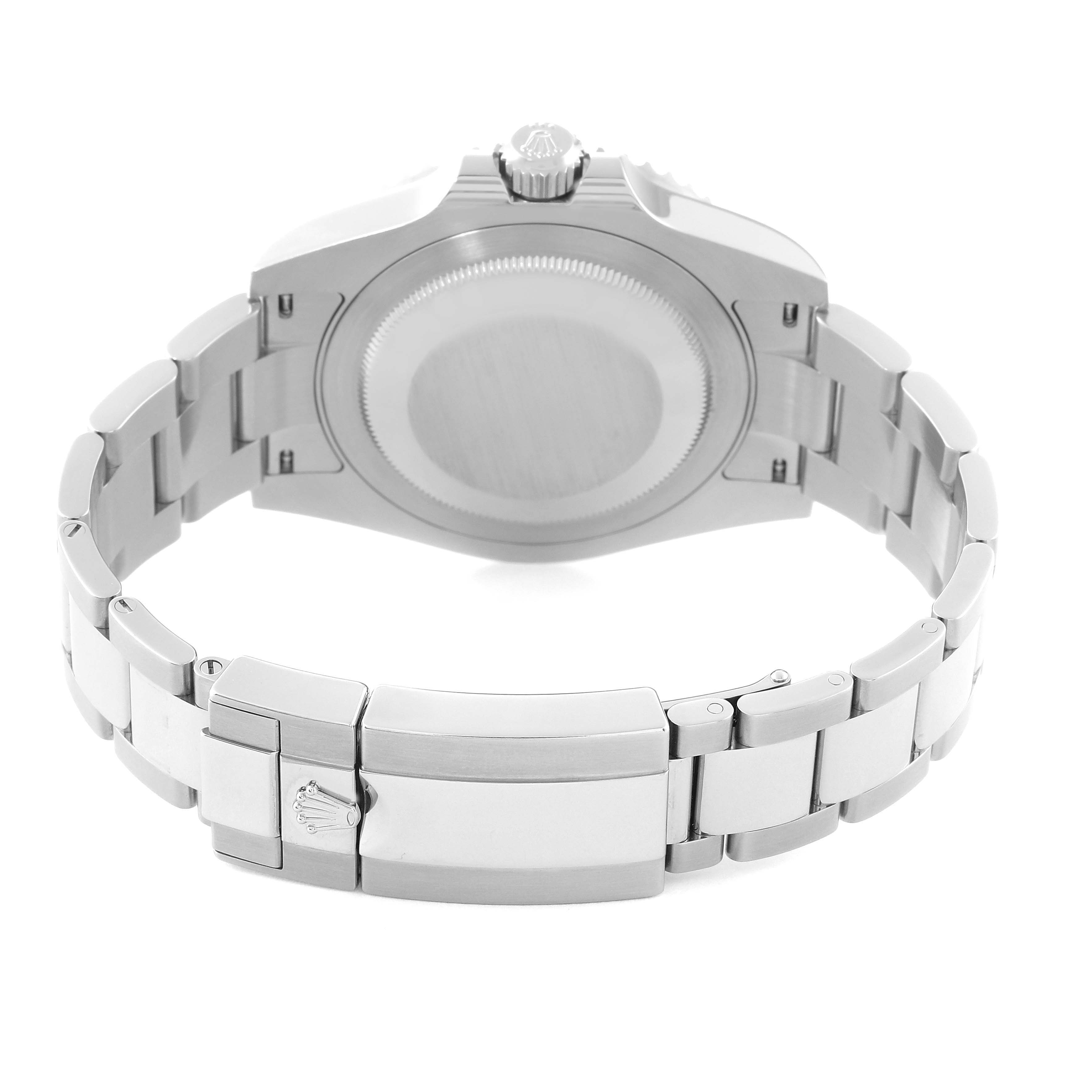 This image shows the back of a Rolex GMT-Master 126710BLNR Men's Stainless Steel Black Dial 126710BLNR Men's Stainless Steel Black Dial watch, including the case back and metal bracelet with the clasp.