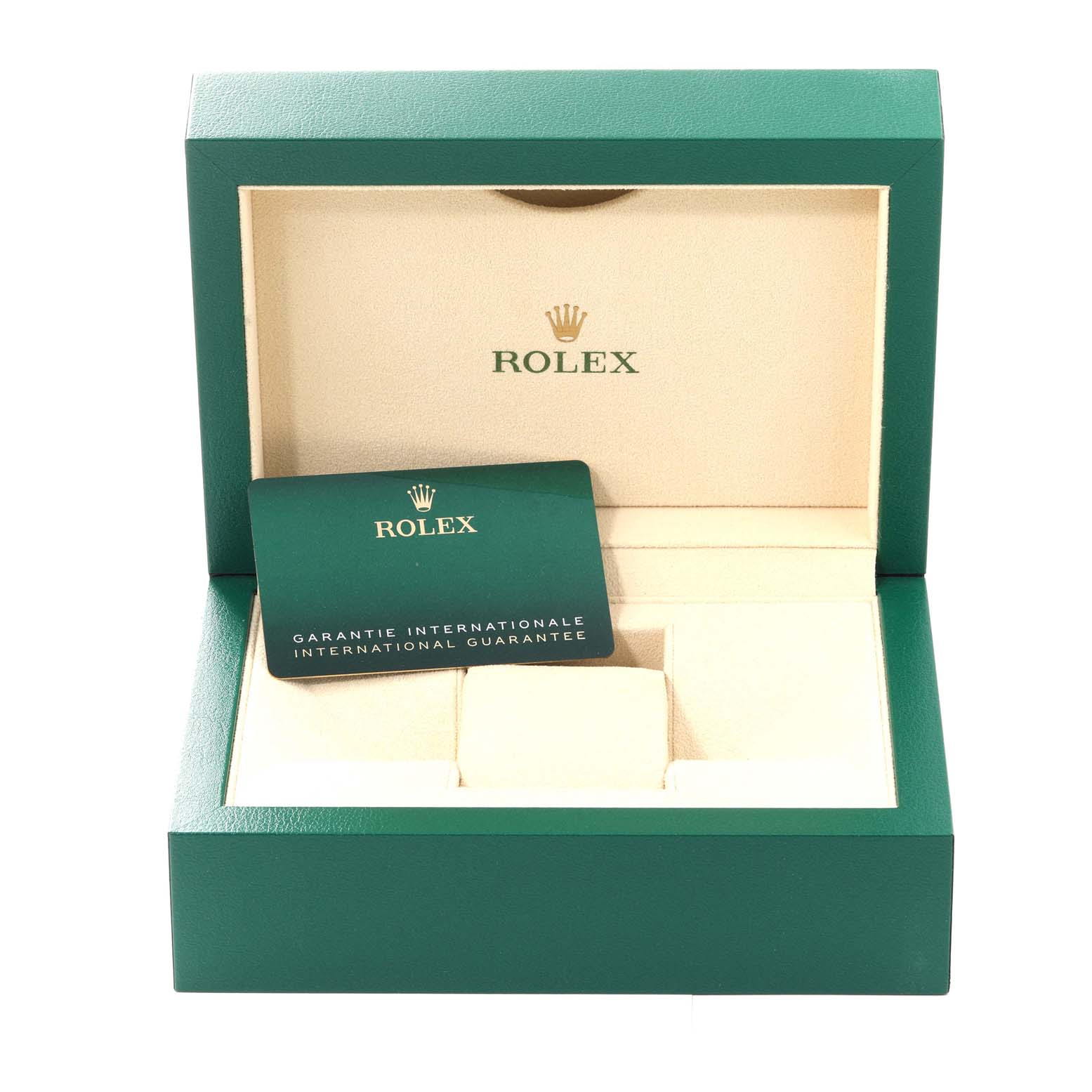 The image shows the open box and international guarantee card for the Rolex GMT-Master 126710BLNR Men's Stainless Steel Black Dial 126710BLNR Men's Stainless Steel Black Dial.
