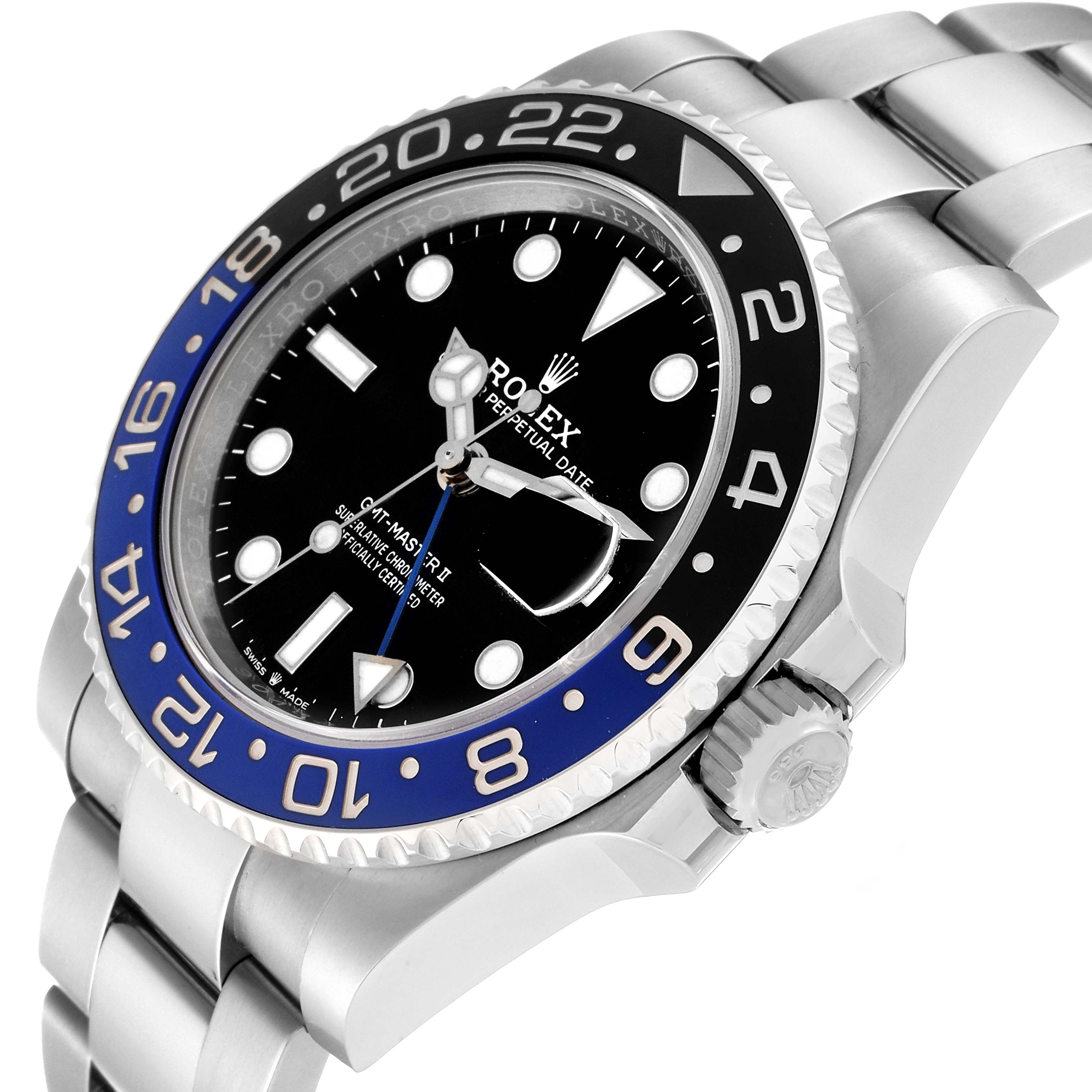 The image shows a side angle of a Rolex GMT-Master 126710BLNR Men's Stainless Steel Black Dial 126710BLNR Men's Stainless Steel Black Dial watch, highlighting its bezel, crown, and bracelet.