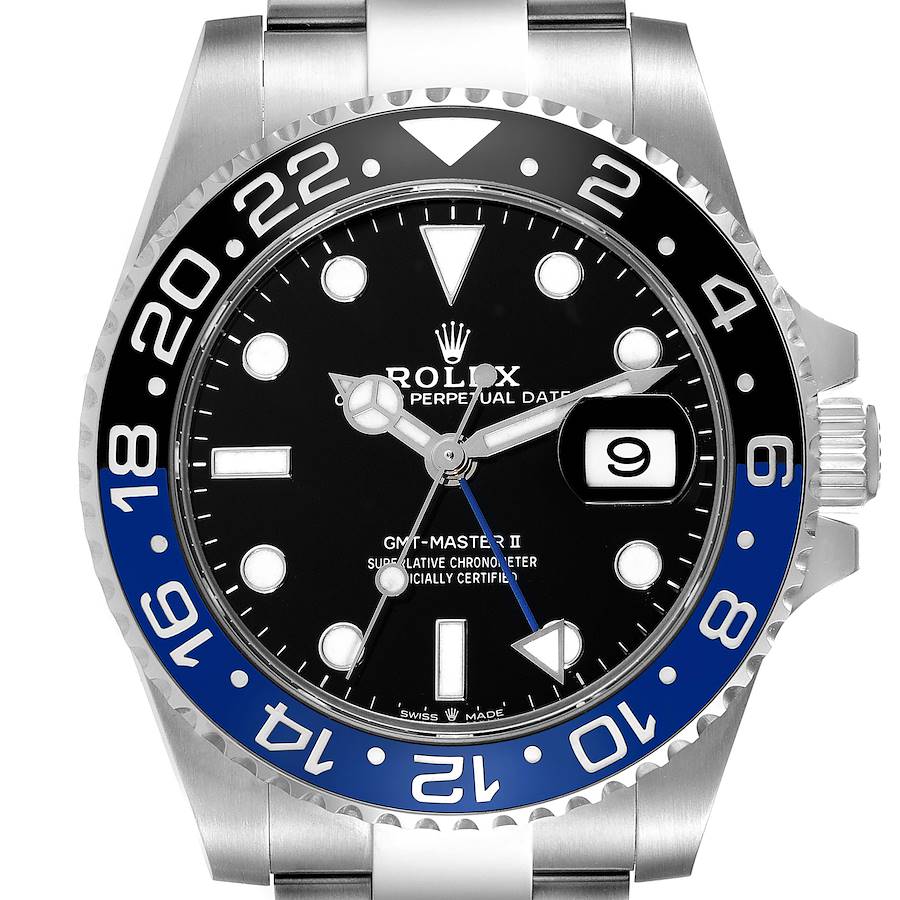 The image shows a front view of the Rolex GMT-Master II watch, highlighting its face, bezel, and part of the bracelet.