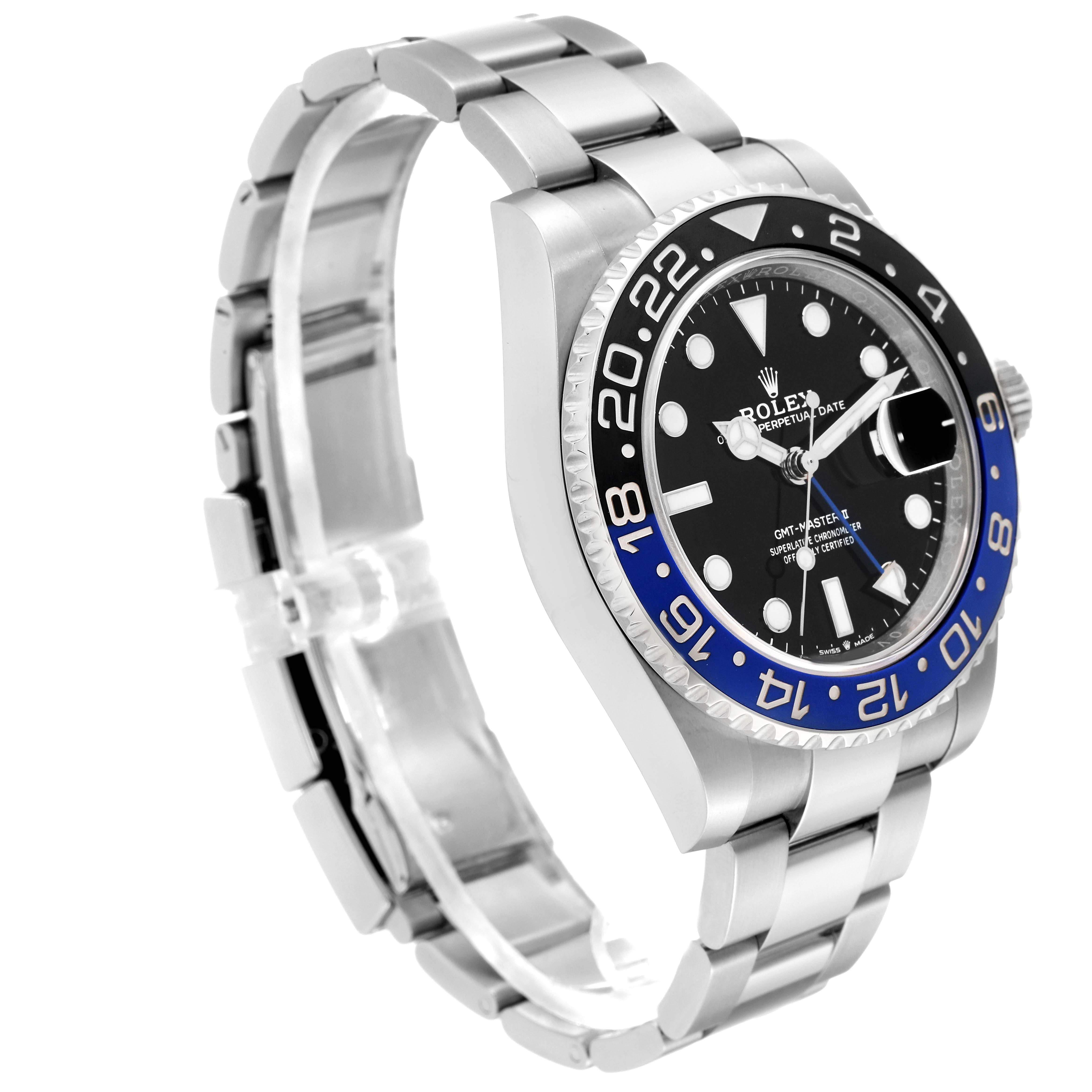 The image shows a side angle of the Rolex GMT-Master 126710BLNR Men's Stainless Steel Black Dial 126710BLNR Men's Stainless Steel Black Dial, highlighting its black and blue bezel, bracelet, and face details.