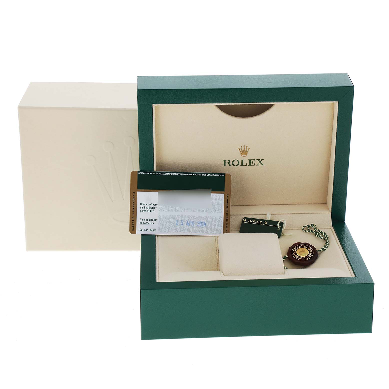 The image shows the open box of the Rolex GMT-Master 116710 Men's Stainless Steel Black Dial 116710 Men's Stainless Steel Black Dial, featuring the inner cushion, hang tag, certificate, and outer box.