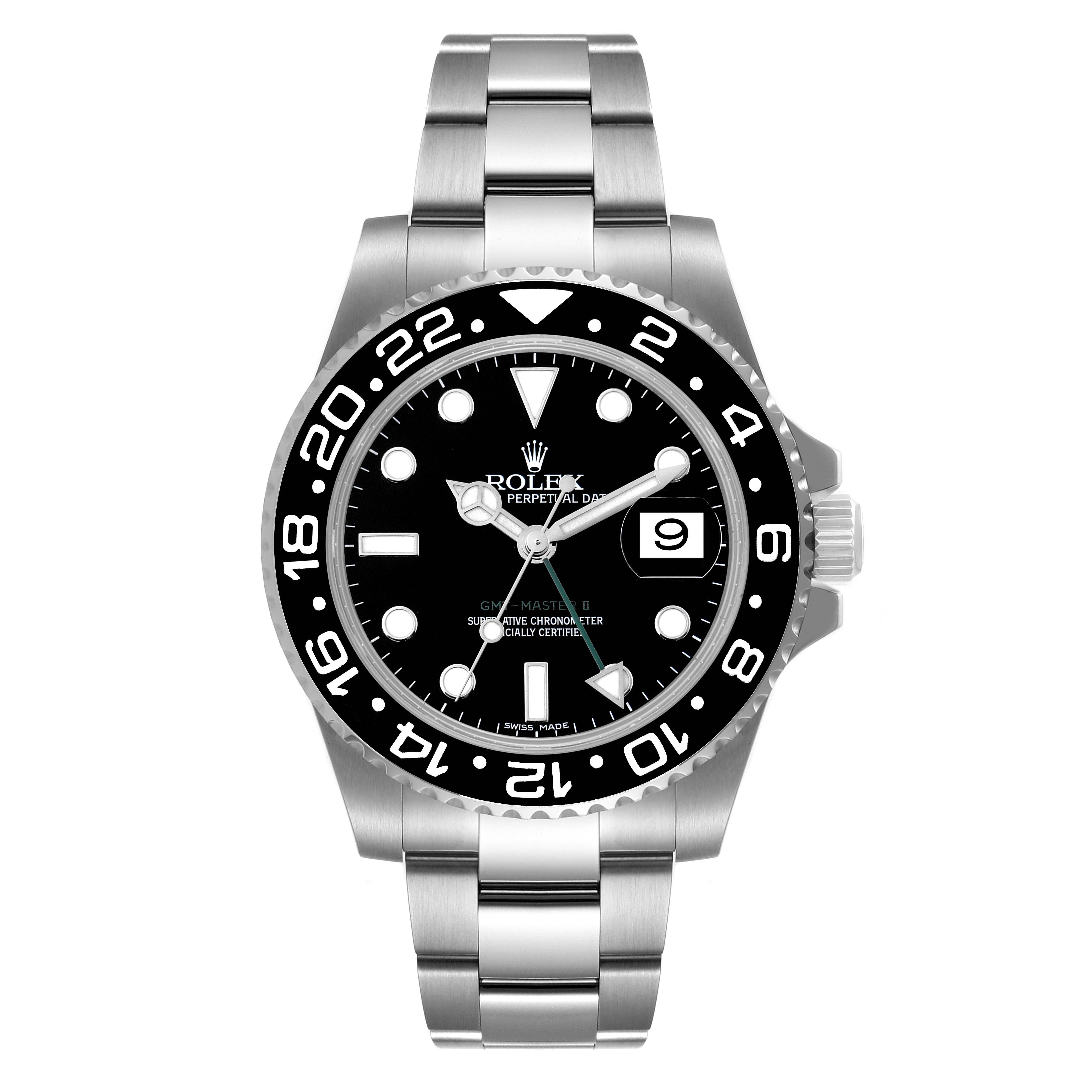 The image shows a front view of a Rolex GMT-Master 116710 Men's Stainless Steel Black Dial 116710 Men's Stainless Steel Black Dial II watch, highlighting its dial, bezel, hands, and bracelet.