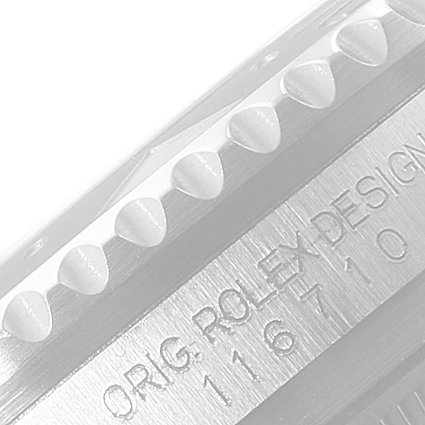 The image shows a close-up of the bezel and the case side of a Rolex GMT-Master 116710 Men's Stainless Steel Black Dial 116710 Men's Stainless Steel Black Dial, highlighting the model number and "ORIG. ROLEX DESIGN."