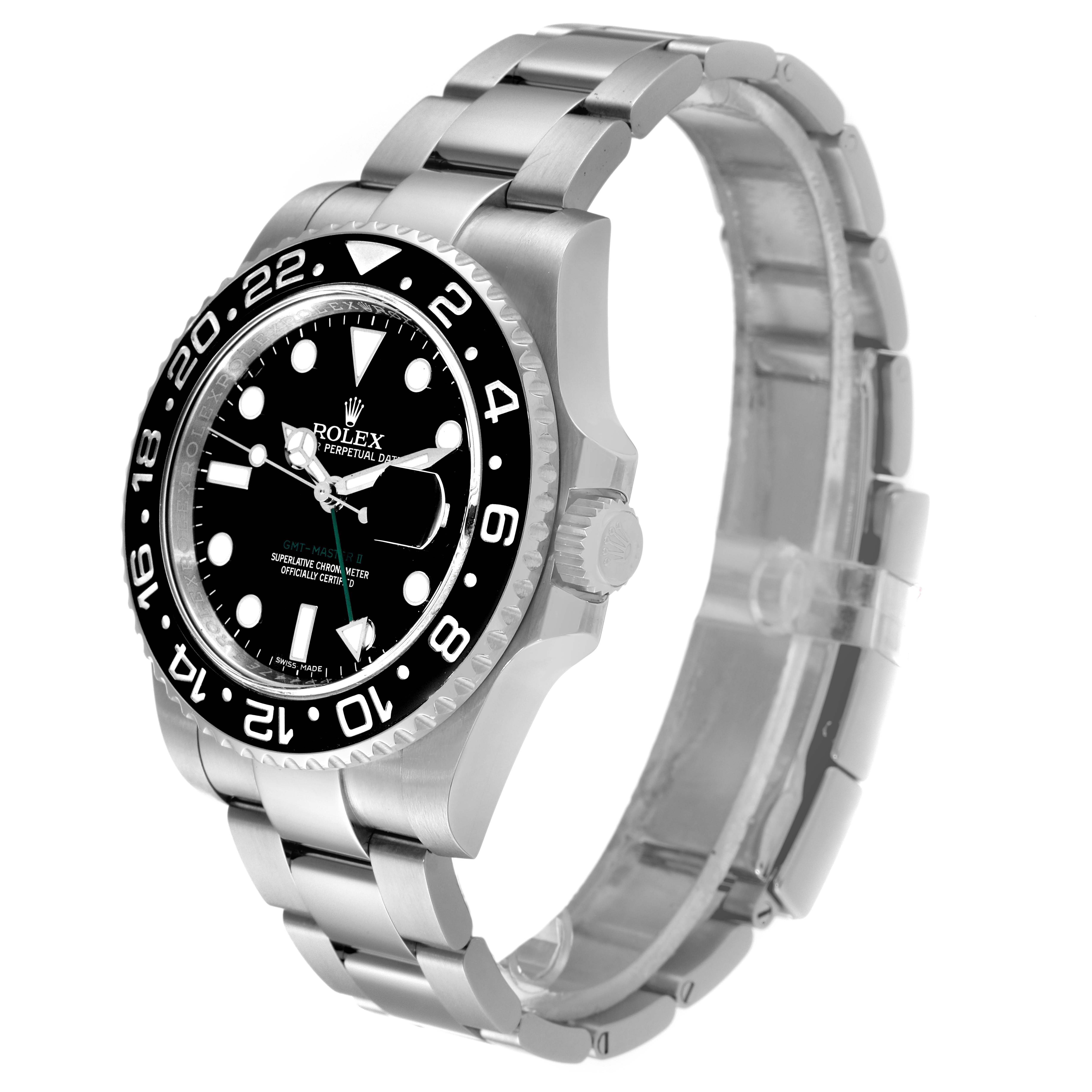 The image shows a side and front view of the Rolex GMT-Master 116710 Men's Stainless Steel Black Dial 116710 Men's Stainless Steel Black Dial watch, highlighting its bezel, dial, and bracelet.