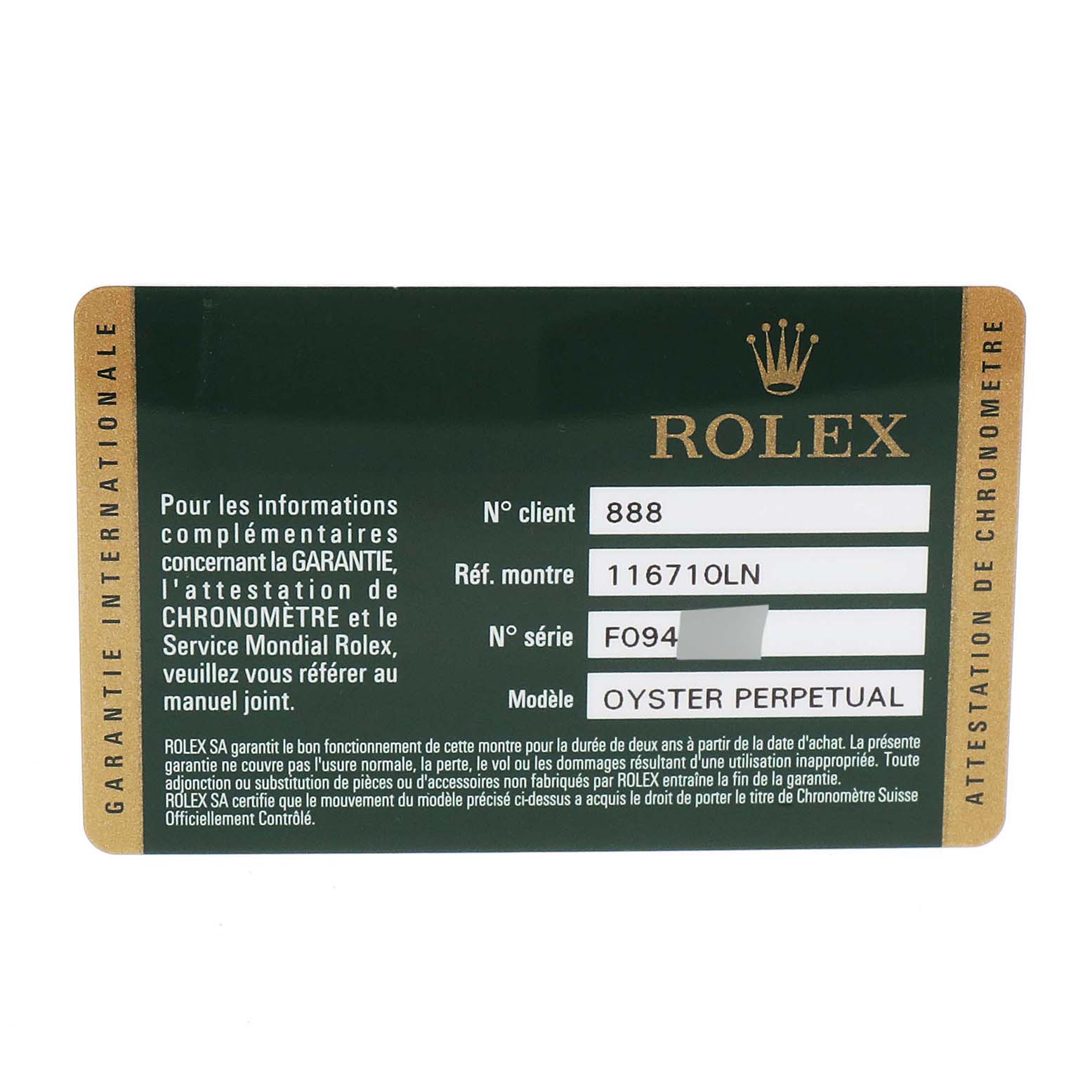 This is a close-up of a Rolex warranty card for the GMT-Master model, displaying details like reference number, model, and client number.