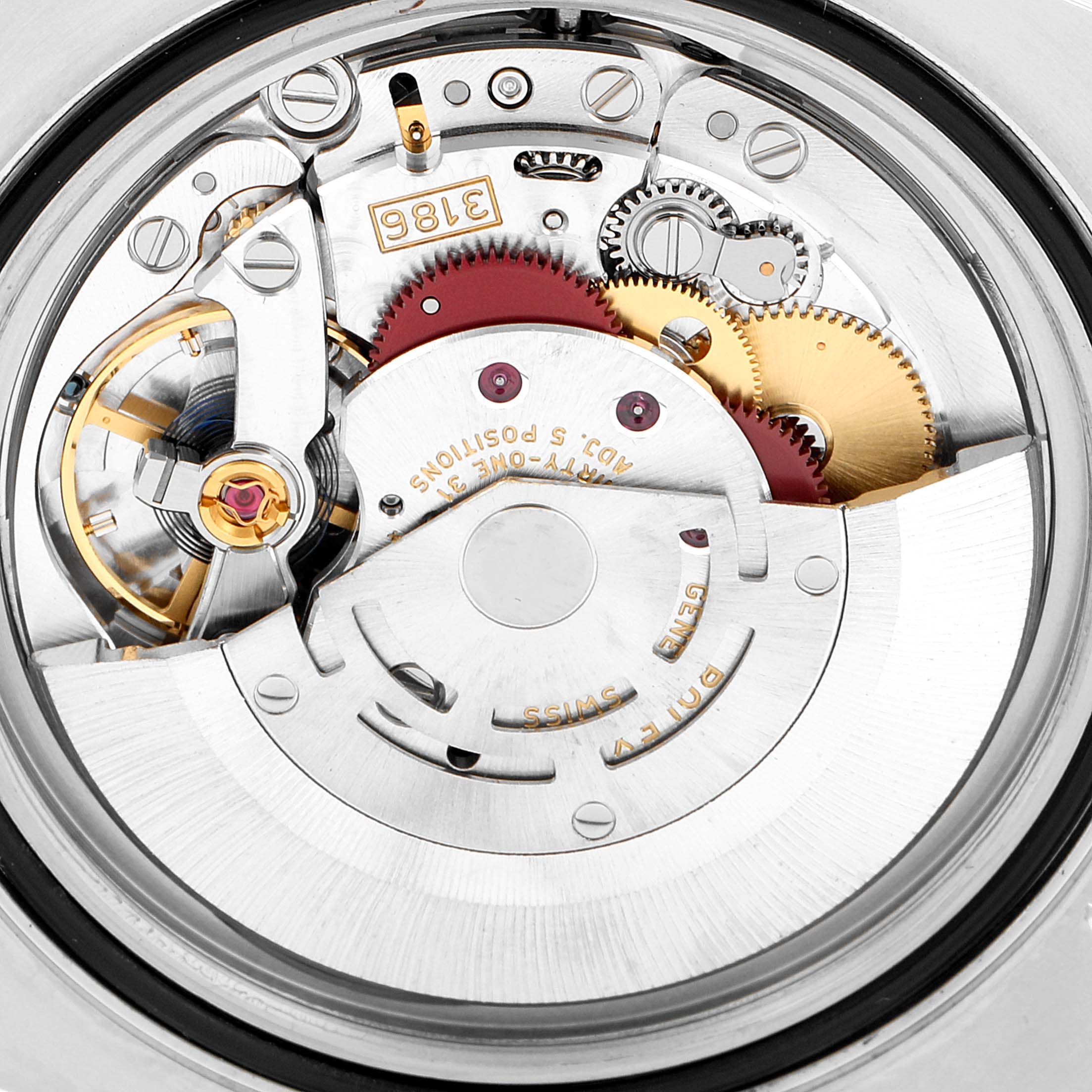 This image shows the intricate movement mechanism of a Rolex GMT-Master 116710 Men's Stainless Steel Black Dial 116710 Men's Stainless Steel Black Dial, focusing on its internal gears and components.