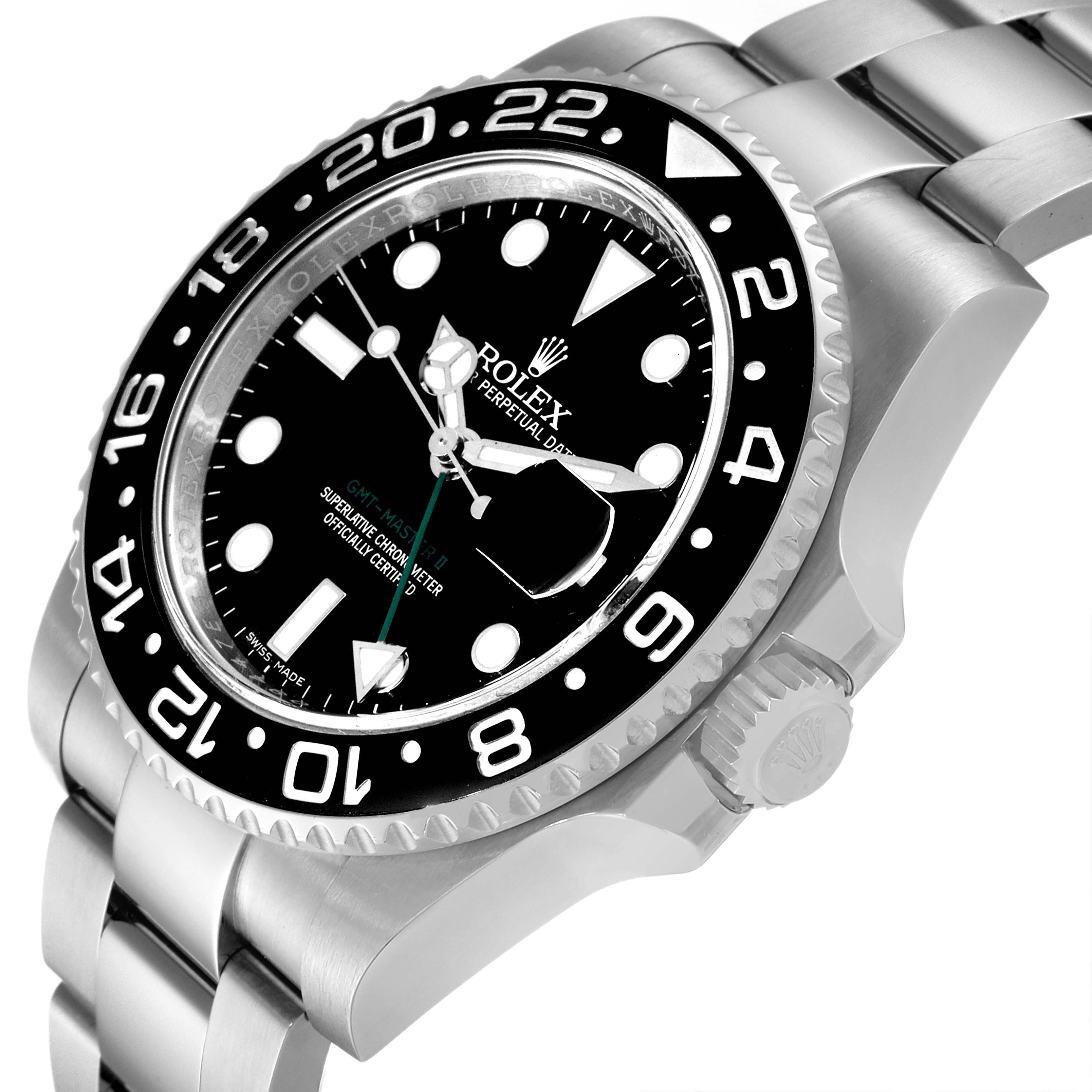 This image shows a Rolex GMT-Master 116710 Men's Stainless Steel Black Dial 116710 Men's Stainless Steel Black Dial watch at an oblique angle, highlighting the bezel, dial, crown, and part of the bracelet.