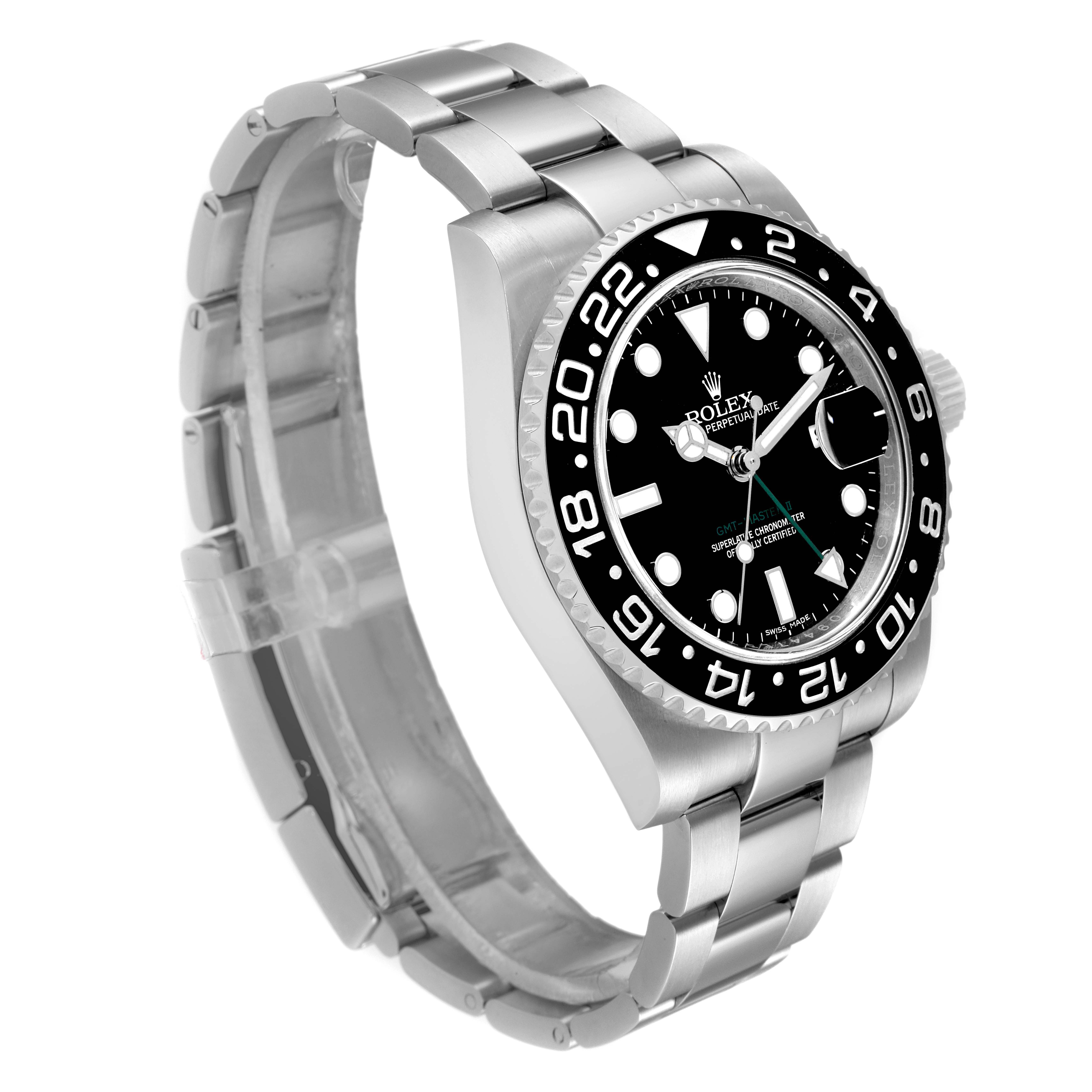 The Rolex GMT-Master 116710 Men's Stainless Steel Black Dial 116710 Men's Stainless Steel Black Dial watch is shown at a three-quarter angle, displaying its black dial, bezel, and stainless steel bracelet.
