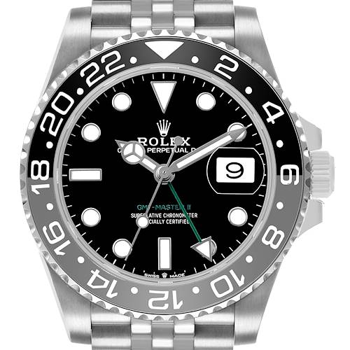 The Rolex GMT-Master 126710 Men's Stainless Steel Black Dial watch is shown in a frontal view, displaying the face, bezel, crown, and part of the bracelet.