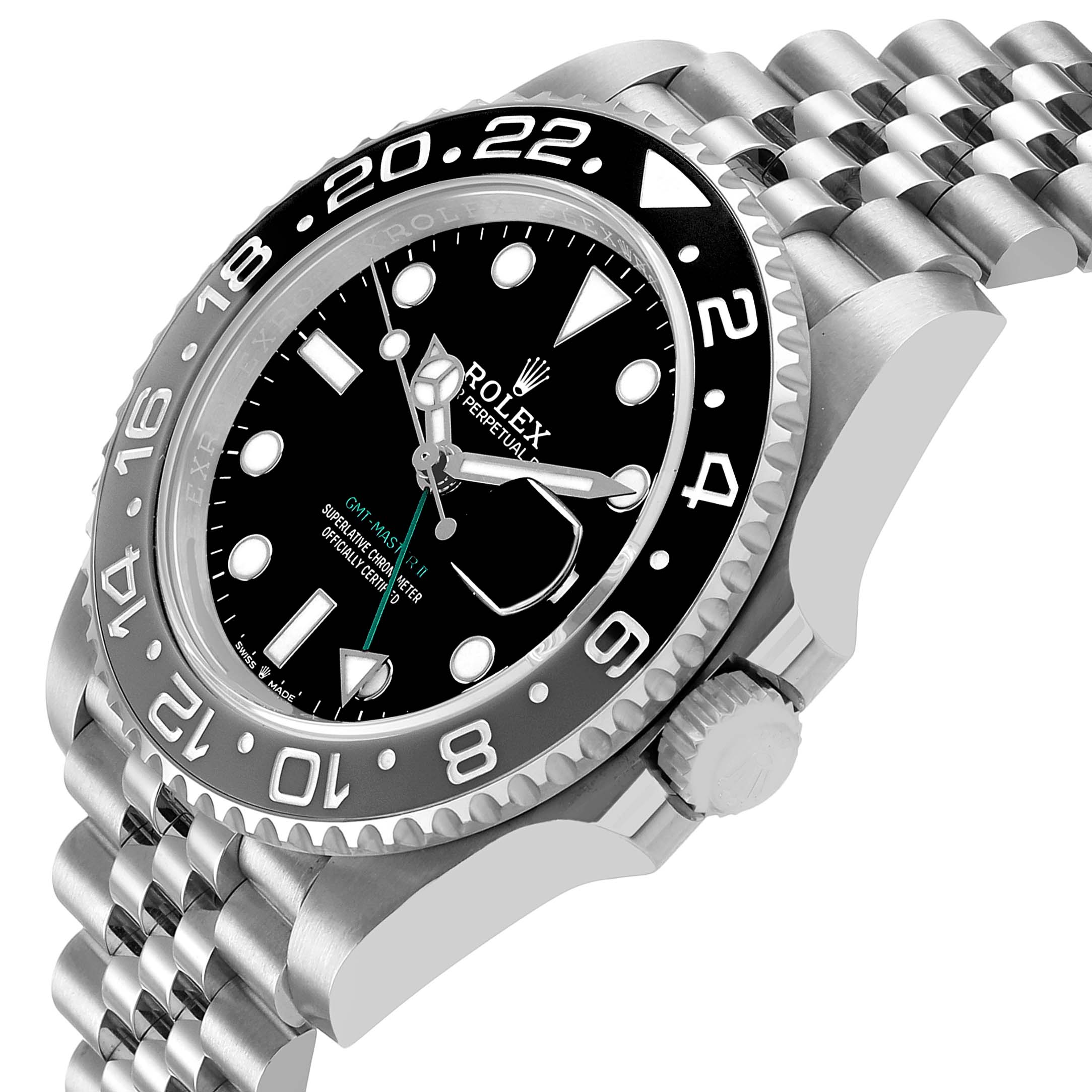 The Rolex GMT-Master 126710 Men's Stainless Steel Black Dial watch is shown at an angle highlighting the dial, bezel, crown, and Jubilee bracelet.