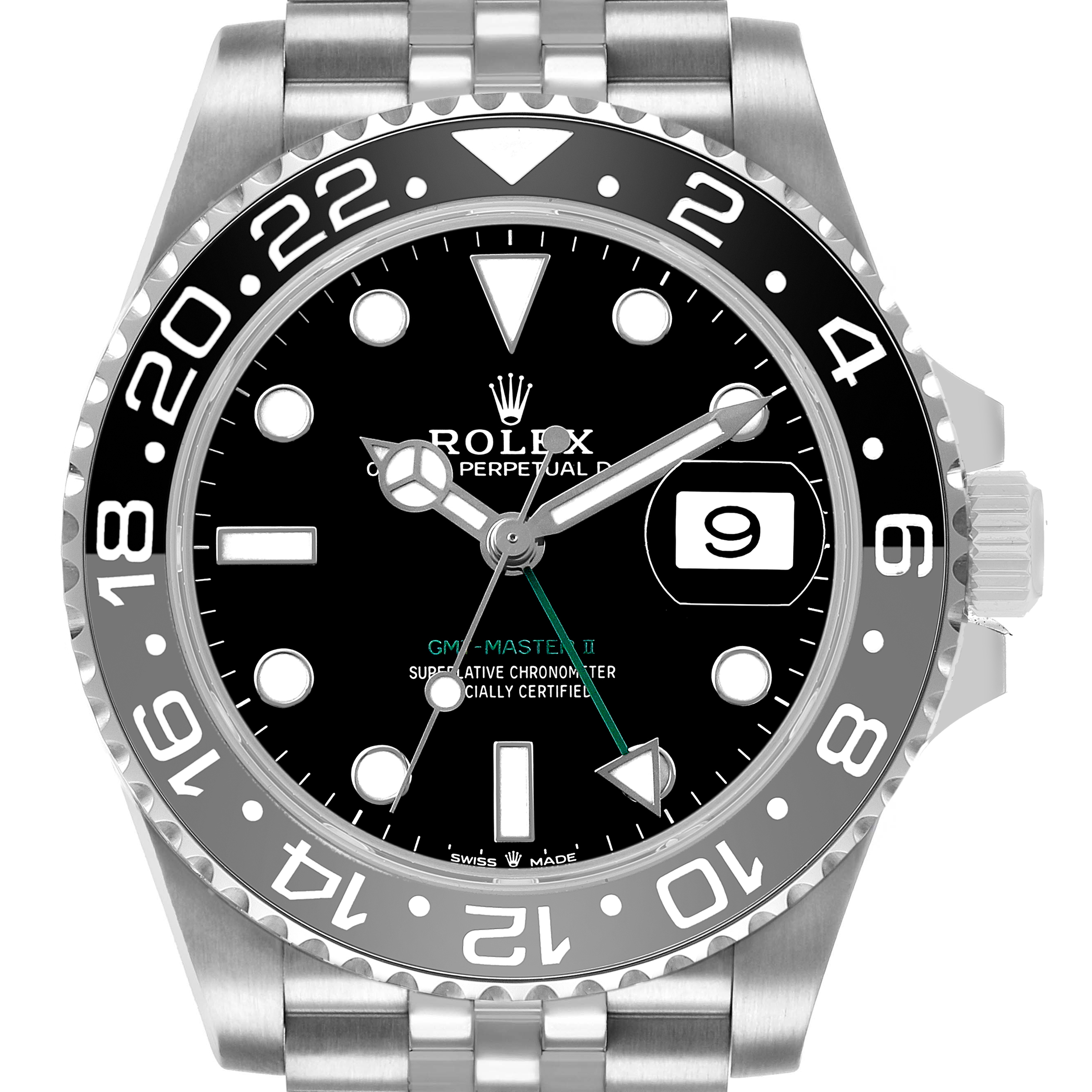 The Rolex GMT-Master 126710 Men's Stainless Steel Black Dial watch is shown from a front angle, displaying the dial, bezel, and part of the bracelet.