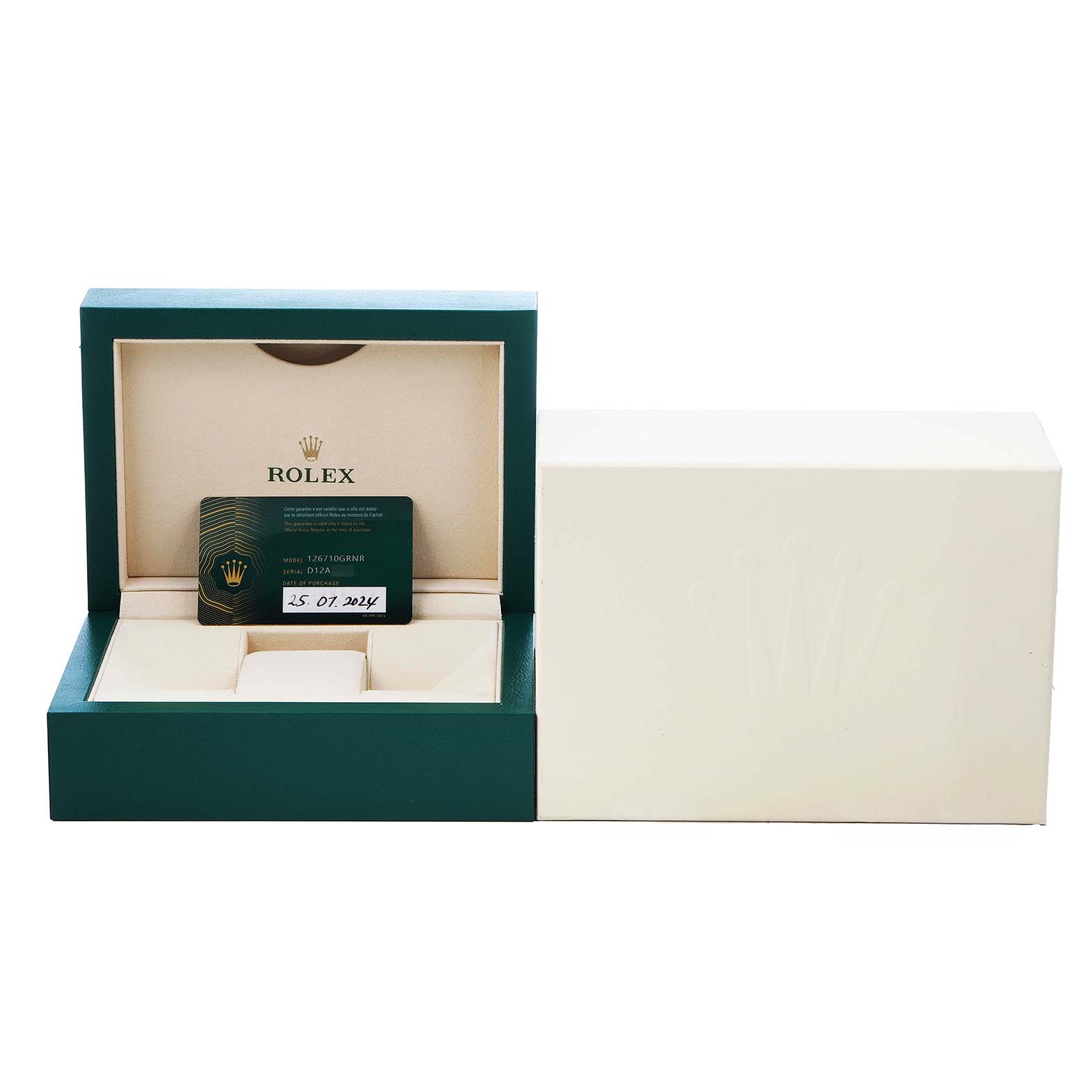 The image shows a Rolex GMT-Master 126710 Men's Stainless Steel Black Dial box set including the inner and outer boxes, and a warranty card.