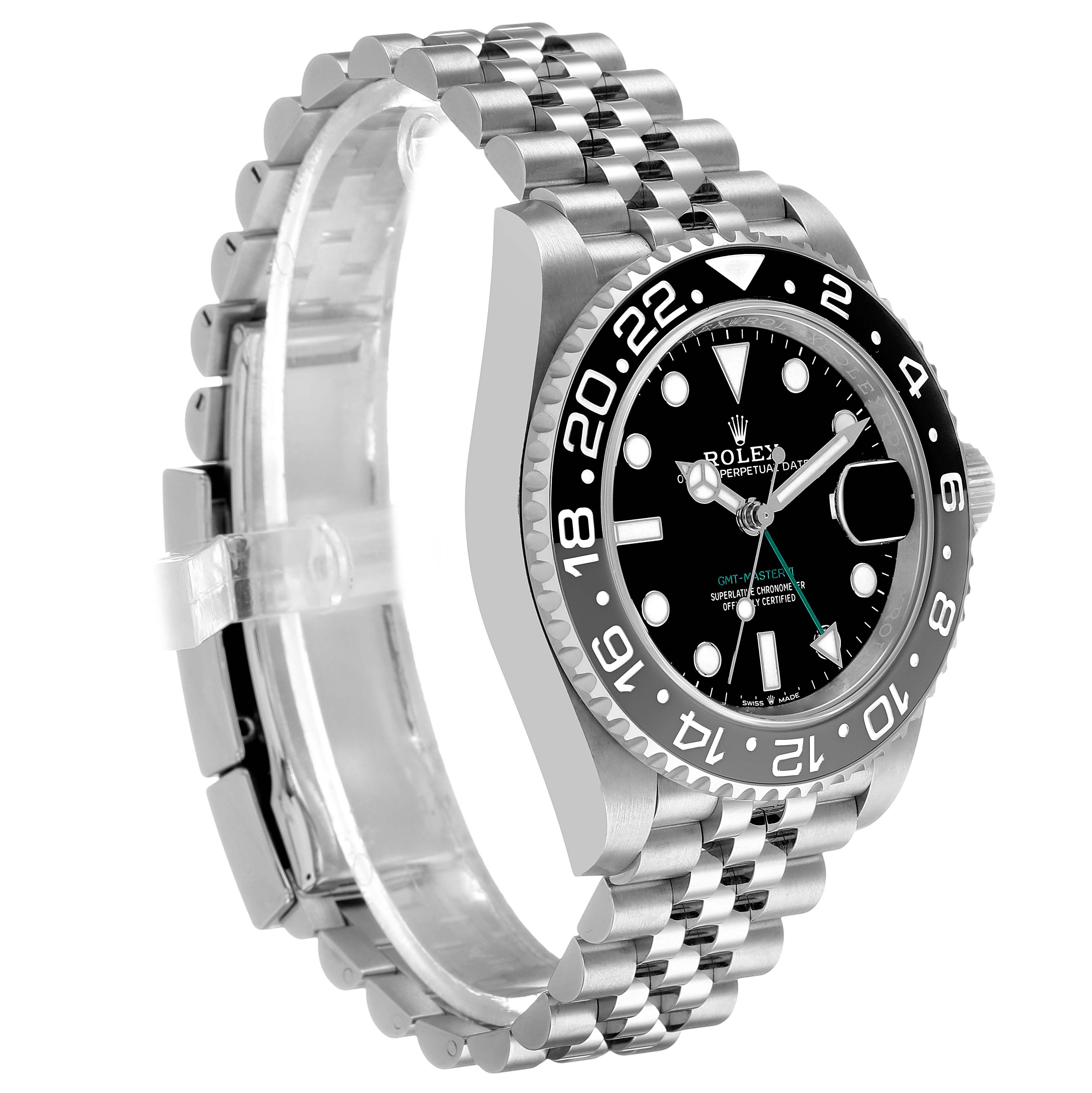 The Rolex GMT-Master 126710 Men's Stainless Steel Black Dial watch is shown at an angle displaying the face, bezel, crown, and side of the bracelet.