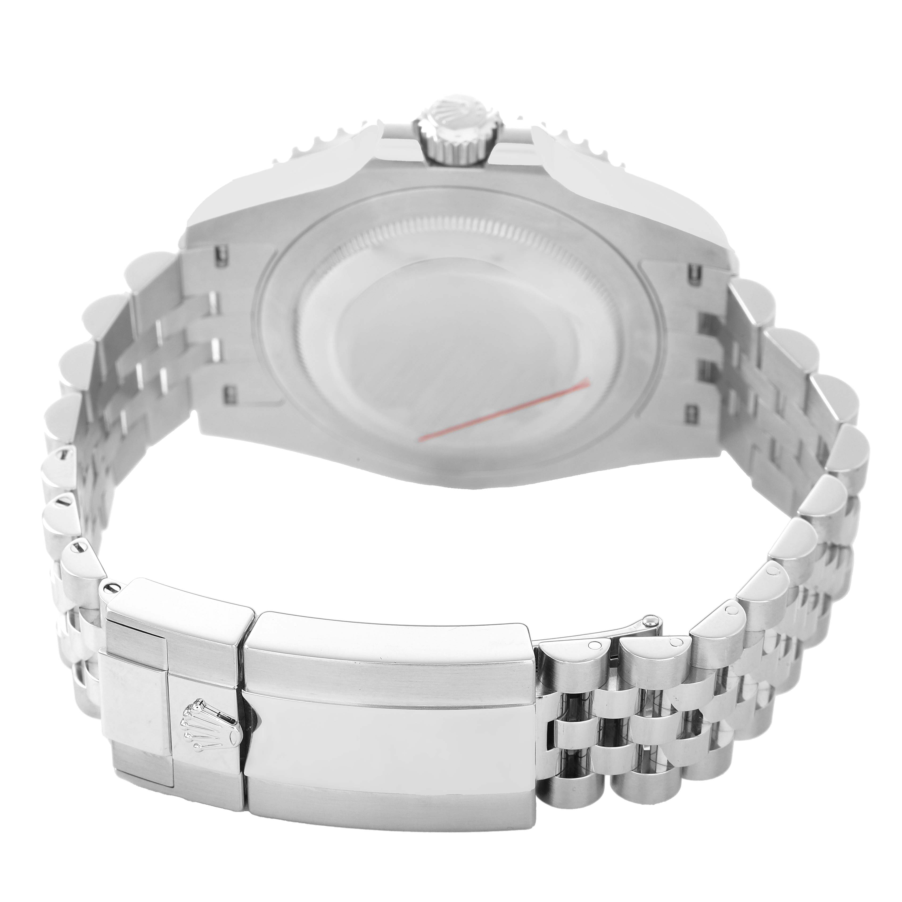 The image shows the back view of a Rolex GMT-Master 126710 Men's Stainless Steel Black Dial watch, highlighting the case back and Jubilee bracelet with clasp.