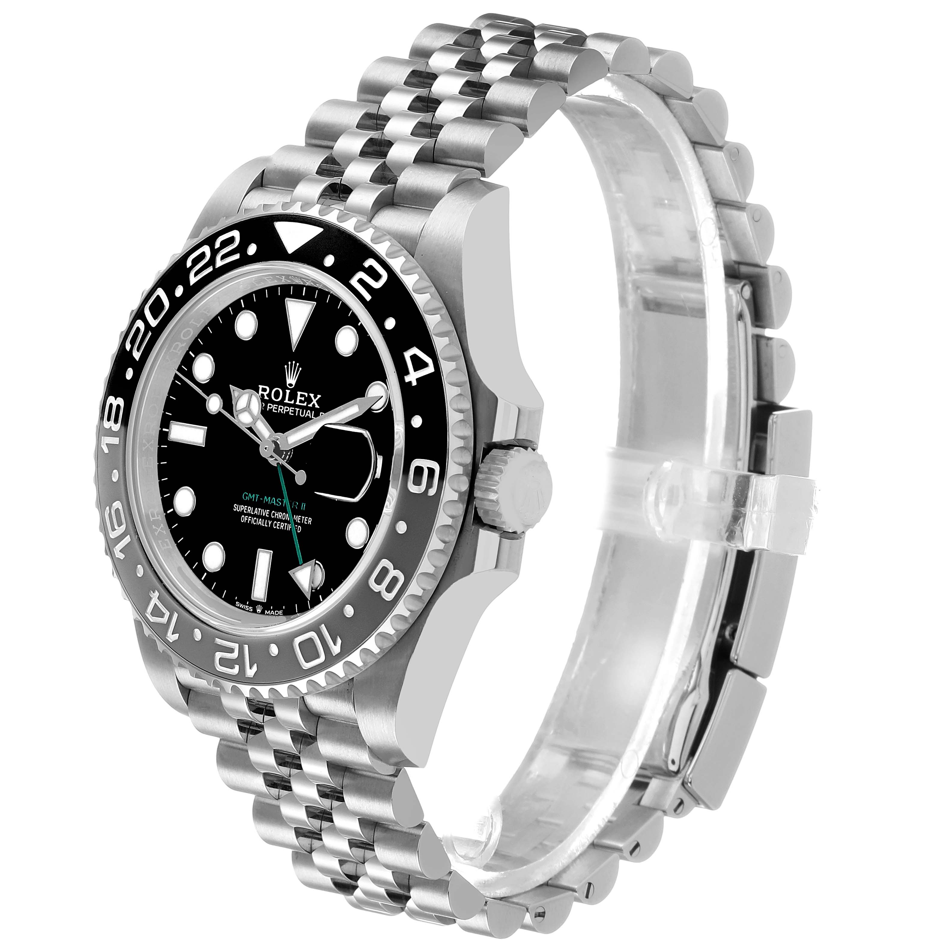 The Rolex GMT-Master 126710 Men's Stainless Steel Black Dial watch is shown at an angled side view, highlighting the black bezel, dial, and Jubilee bracelet.
