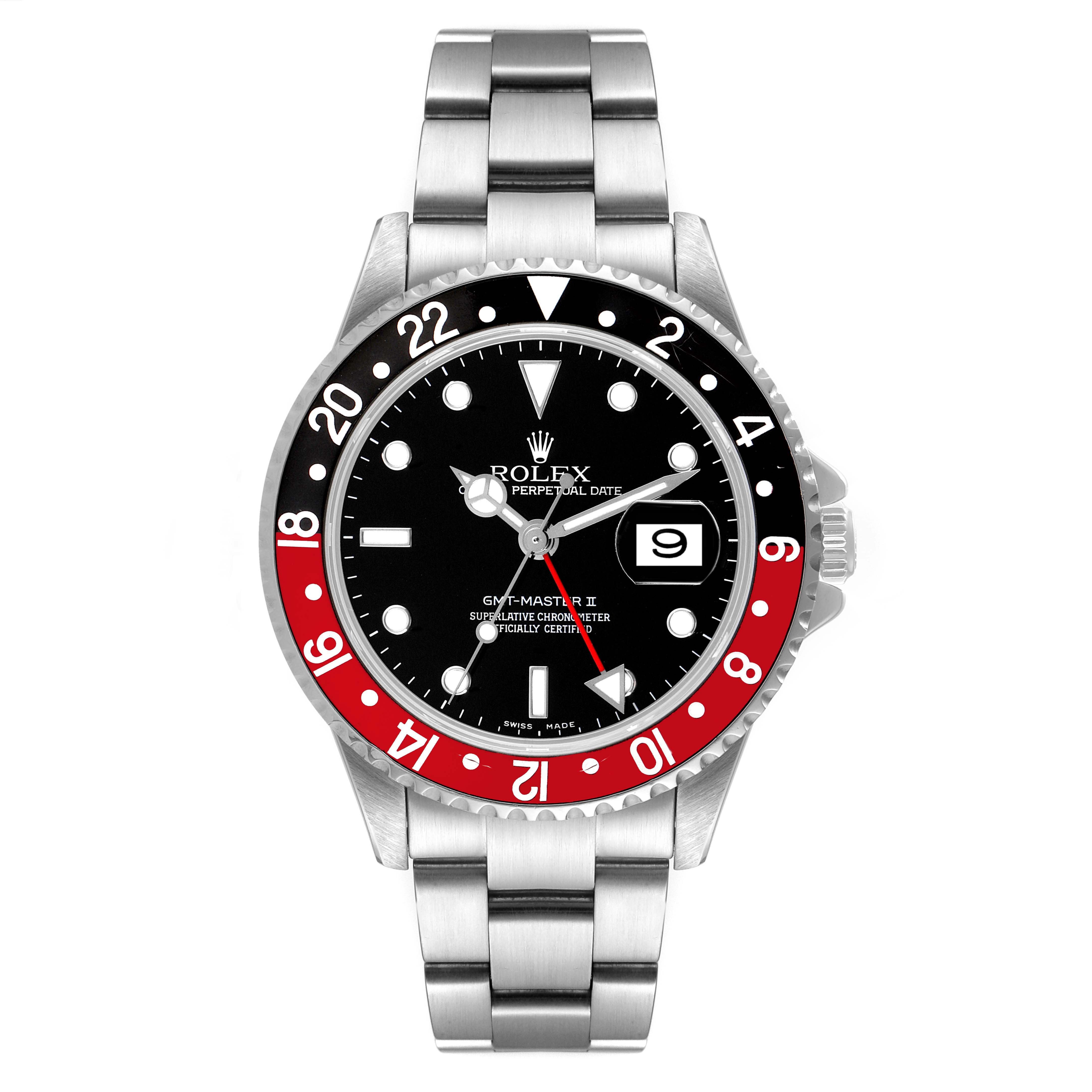 The image shows a front view of a Rolex GMT-Master 16710 Men's Stainless Steel Black Dial 16710 Men's Stainless Steel Black Dial II watch, displaying the dial, bezel, and bracelet.