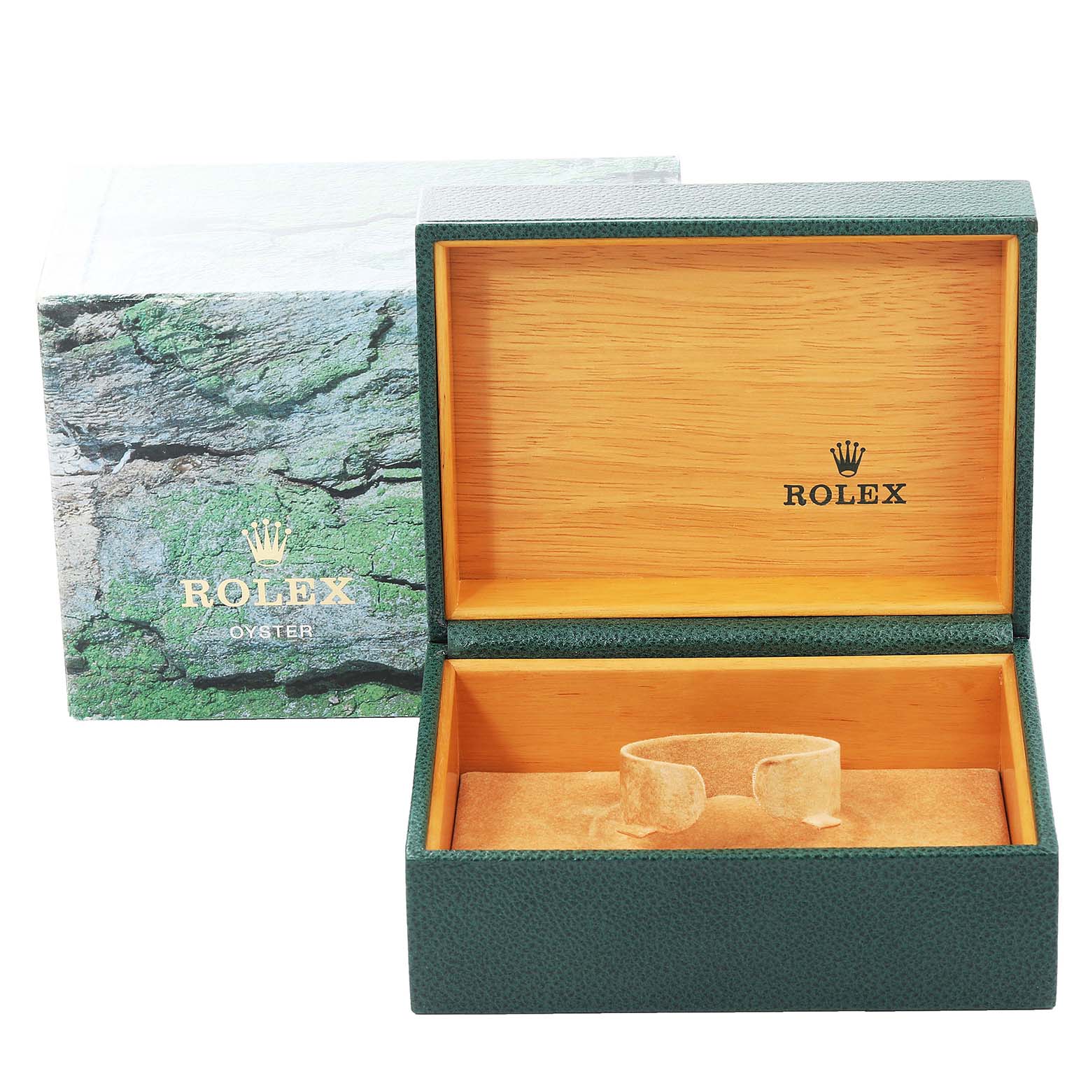 The image shows an open Rolex GMT-Master 16710 Men's Stainless Steel Black Dial 16710 Men's Stainless Steel Black Dial watch box, featuring green leather exterior and light wood interior.